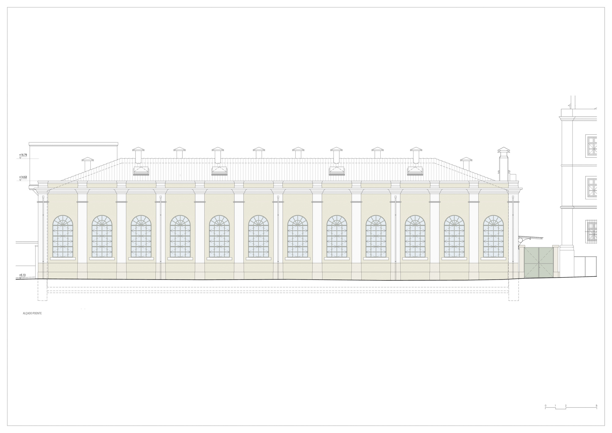 Elevation drawing showing the long facade with repeating arched windows and chimney stacks