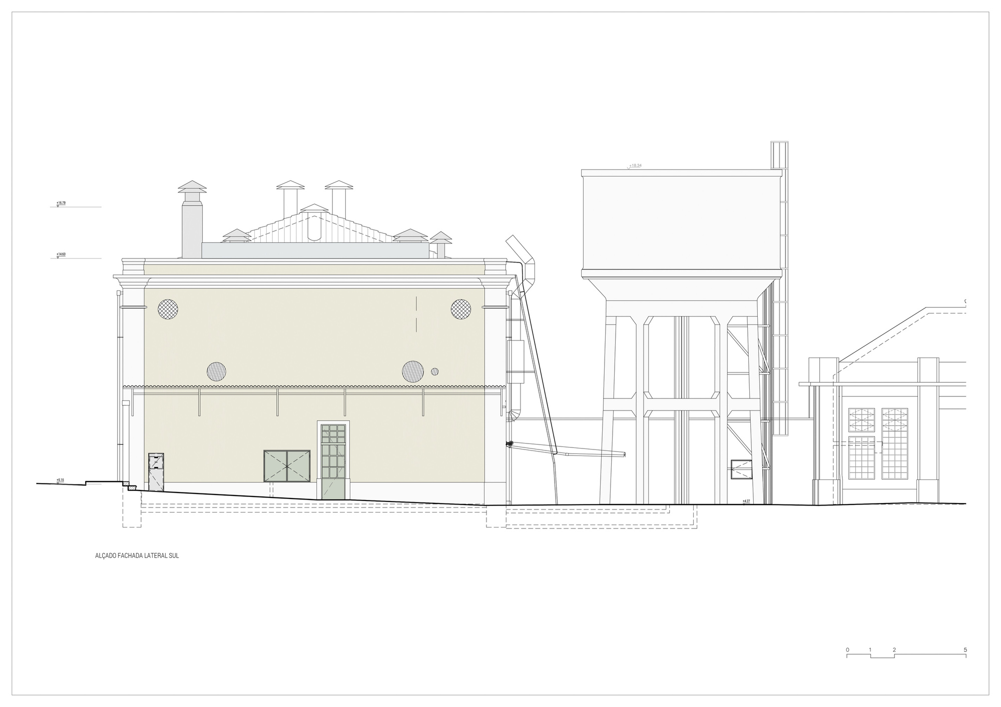 Elevation drawing depicting the industrial hall with adjacent silo and service structures