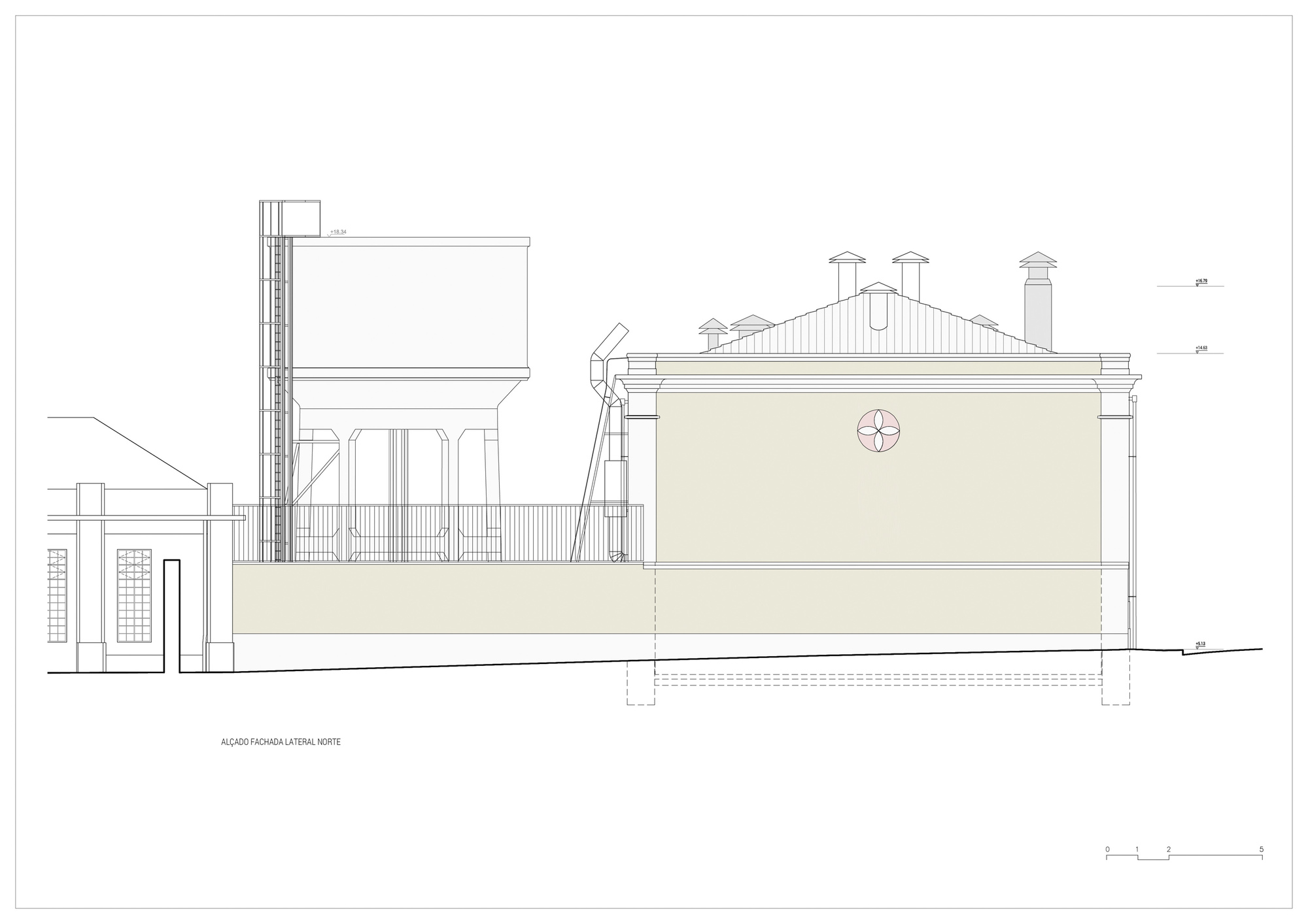 Elevation drawing showing a tower structure adjacent to a volume with decorative roofline and circular motif