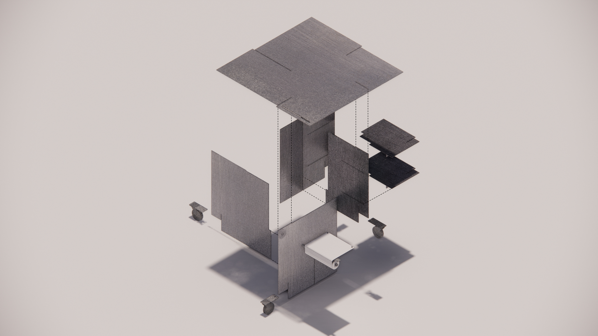 Axonometric drawing showing an exploded view of interlocking volumes, roof planes and vertical circulation elements