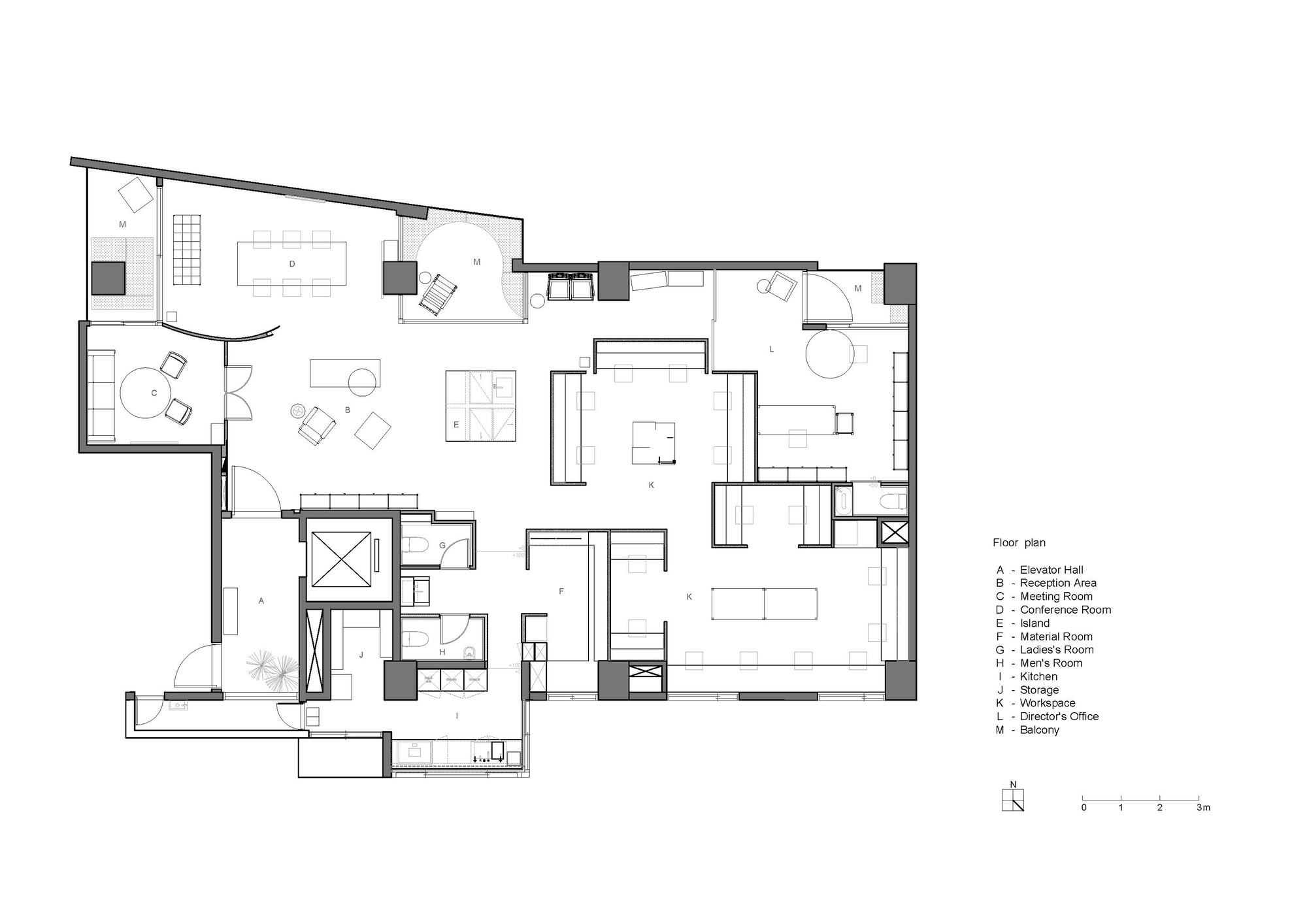 Floor plan drawing depicting an irregular residential layout with multiple zones and furniture notation