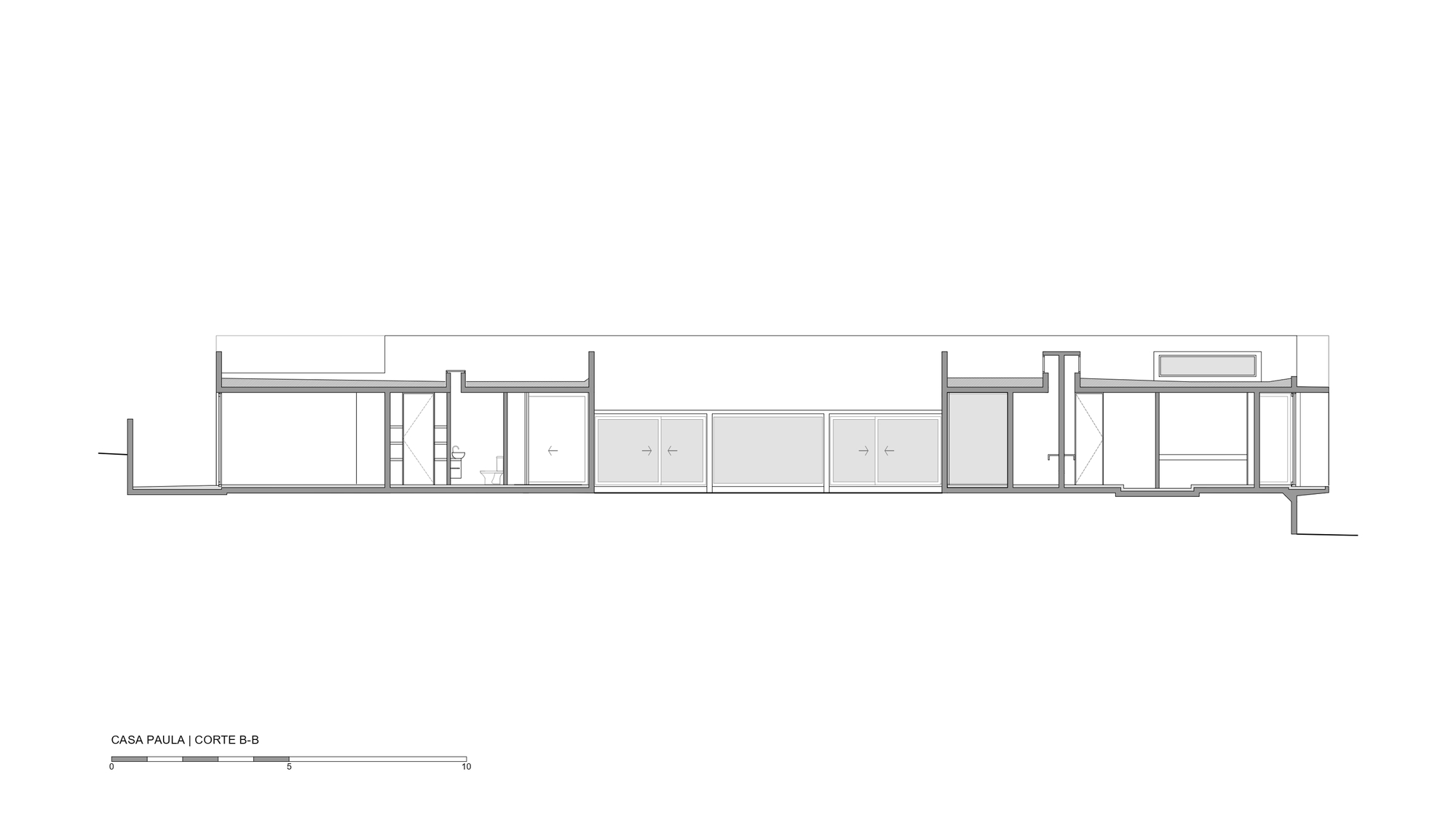Longitudinal section drawing revealing stairwells and room divisions under the horizontal roofline
