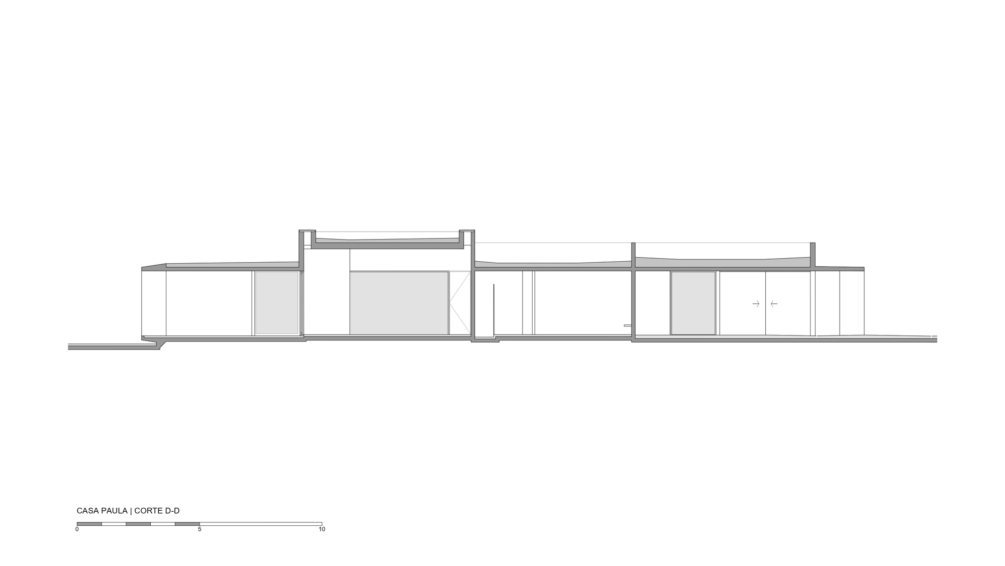 Elevation drawing showing a low horizontal volume with varied roof heights and a central raised element