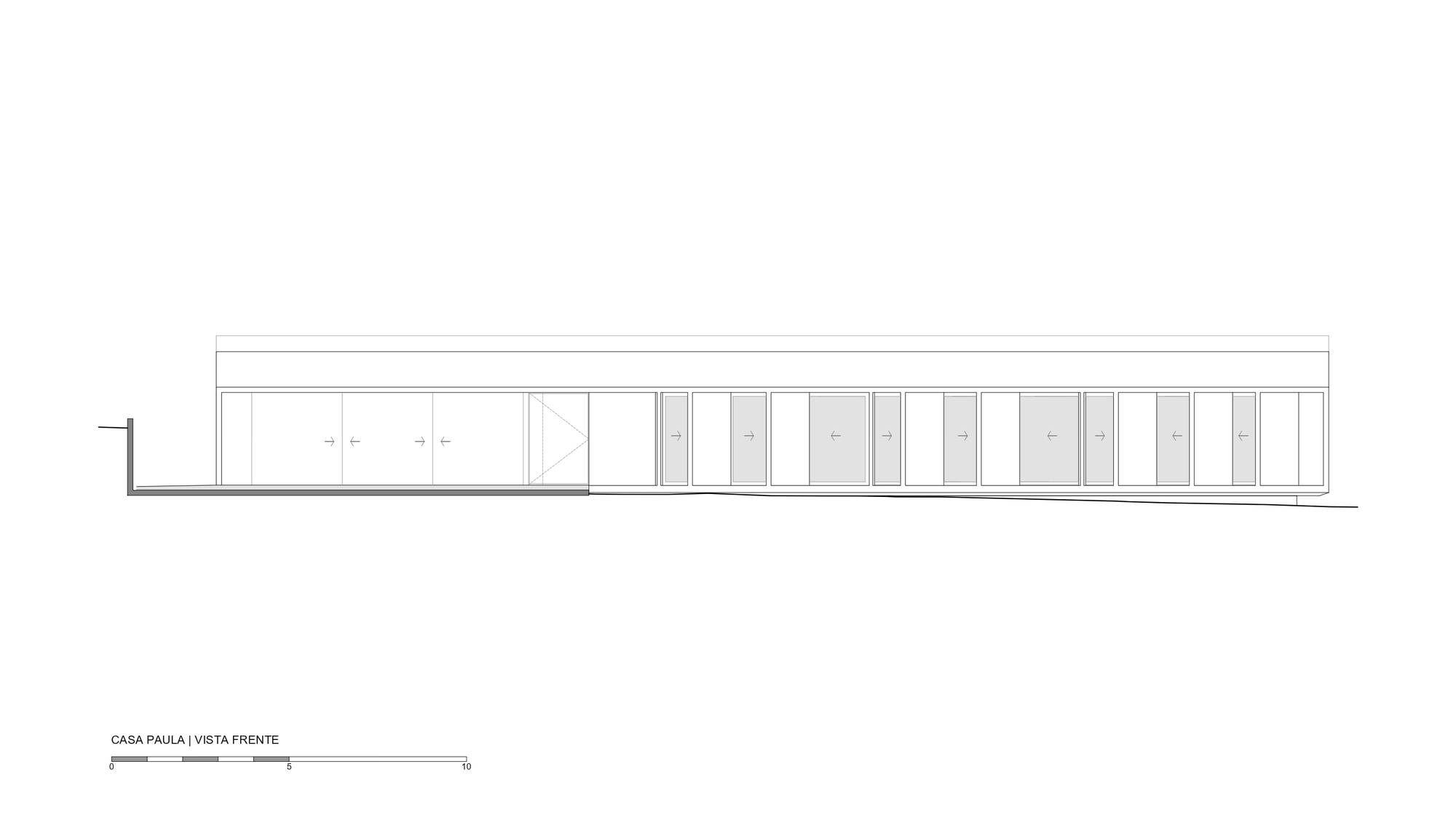 Front elevation drawing displaying a rhythmic sequence of window bays beneath a flat roofline