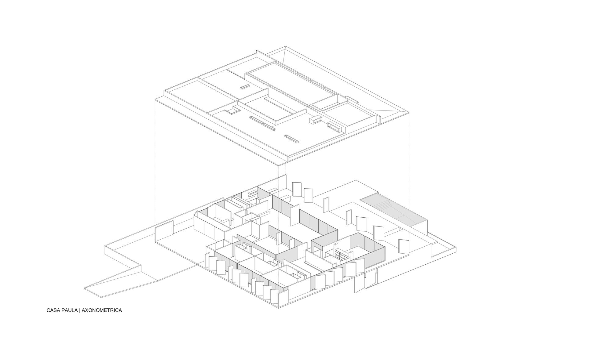 Axonometric drawing showing the exploded roof and interior layout with partition walls and furnishings