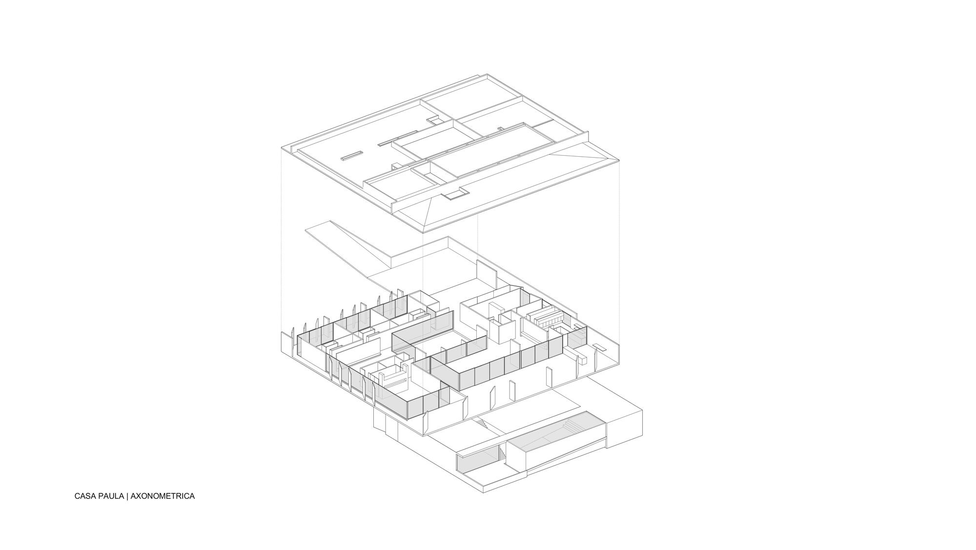 Axonometric drawing showing exploded layers of roof, interior partitions, and floor slabs