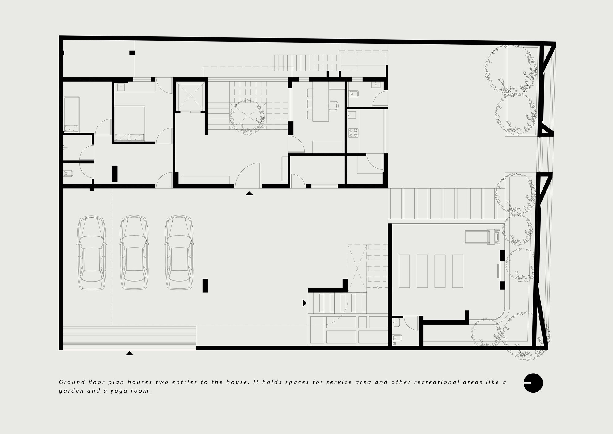 Ground floor plan showing garage with three parking spaces, service areas, and a garden with trees