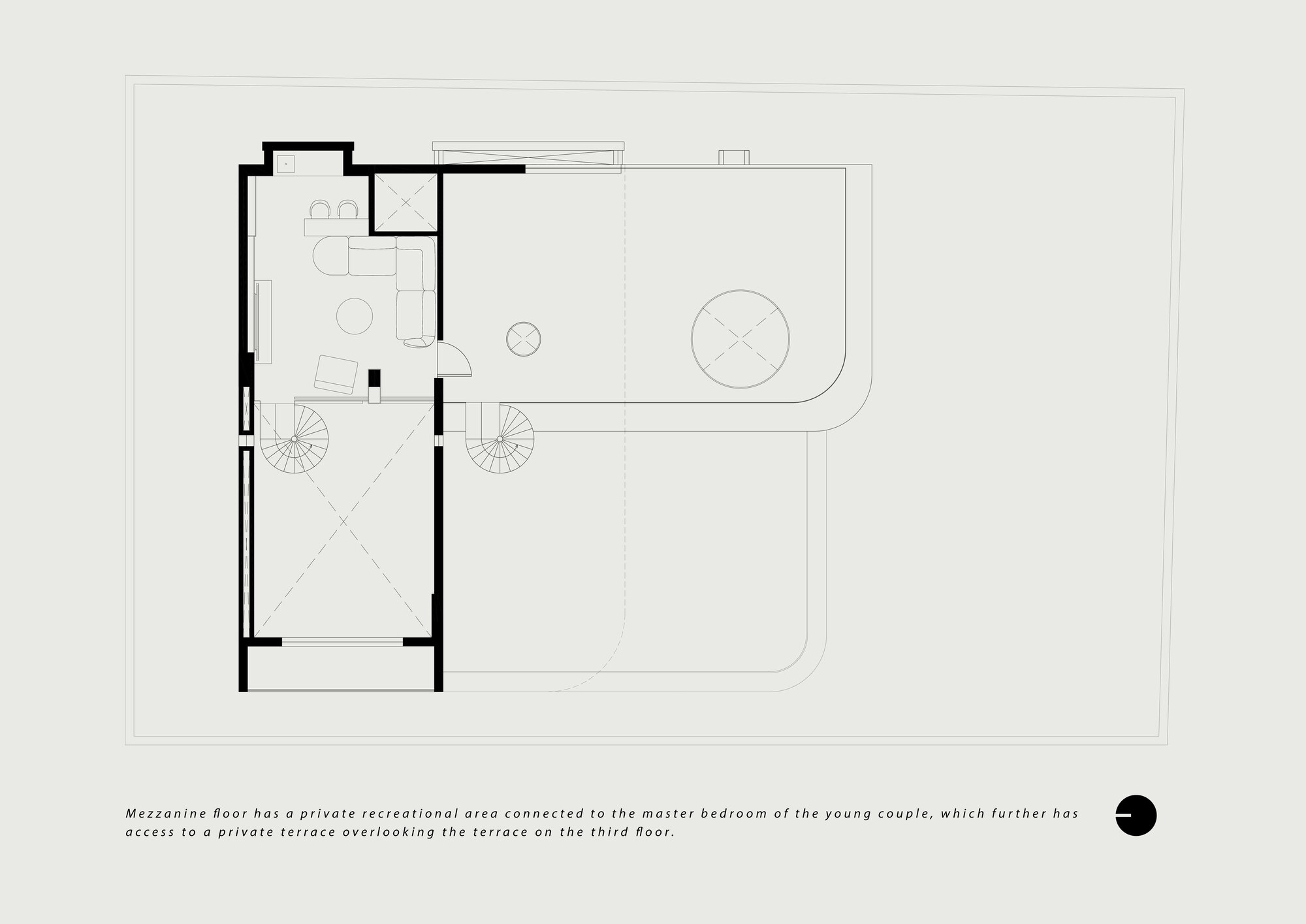 Mezzanine floor plan showing a bedroom suite with access to a terrace overlooking the exterior courtyard