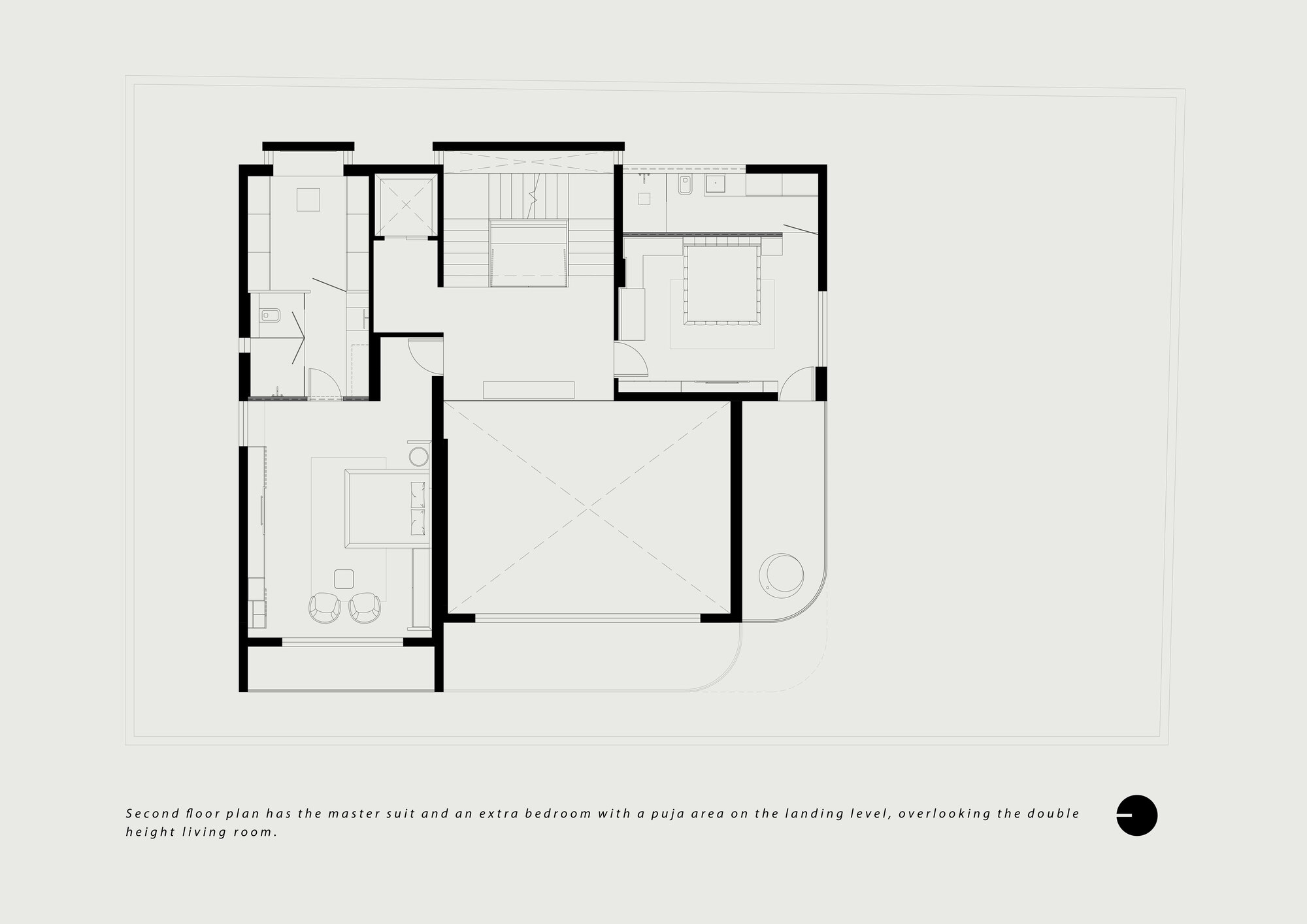 Second floor plan featuring a master suite with a puja area overlooking the double-height living room