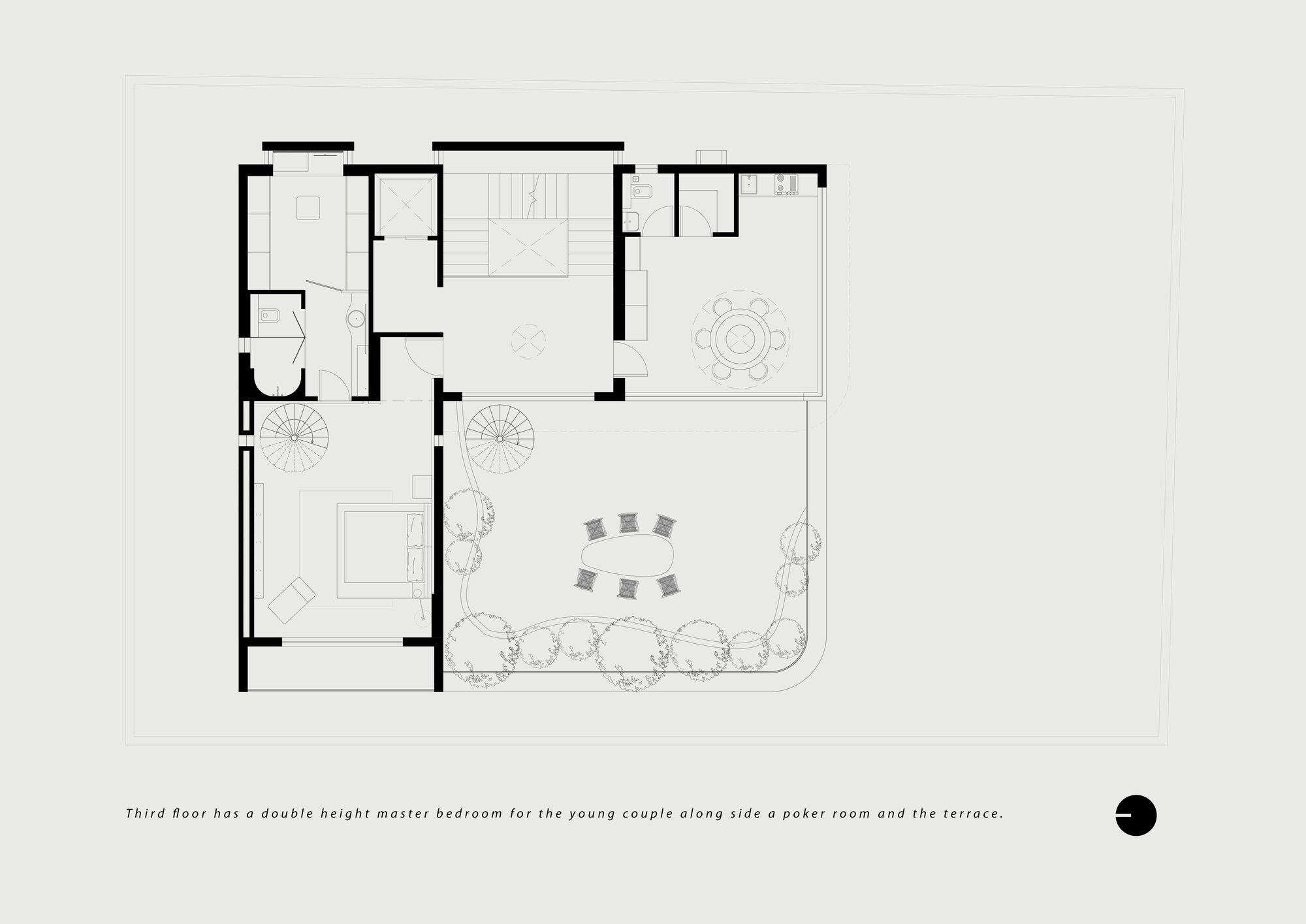 Third floor plan with double-height master bedroom, poker room, and terrace with planted perimeter landscaping