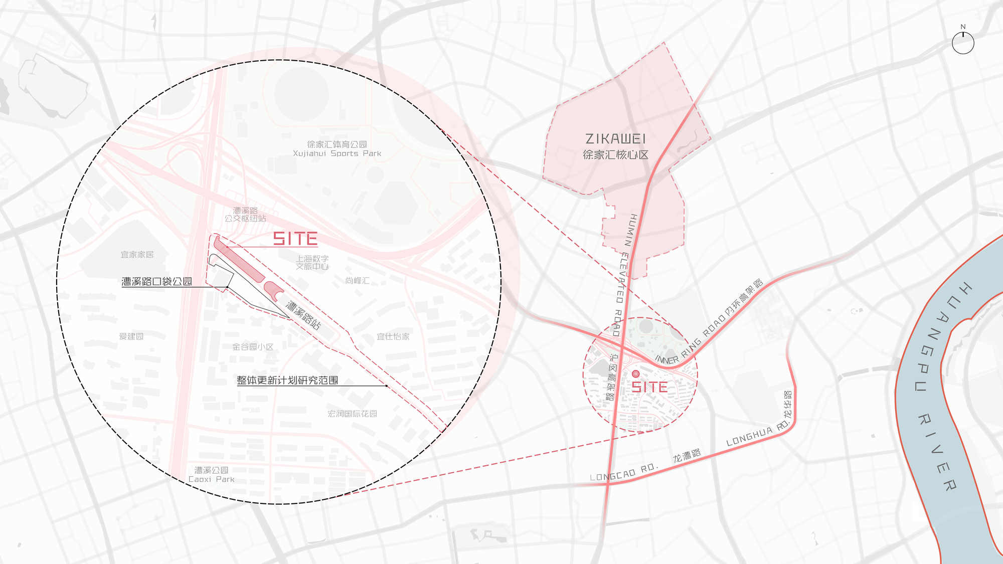 Site plan drawing showing the location of two intervention zones within the surrounding urban street grid