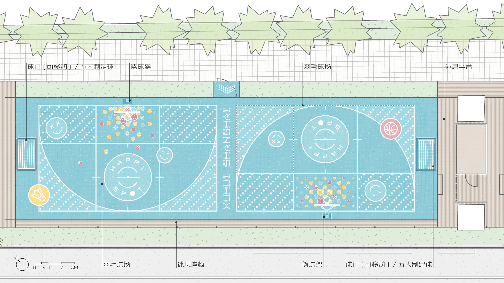 Plan drawing of the full basketball court with turquoise surface markings flanked by green tree symbols