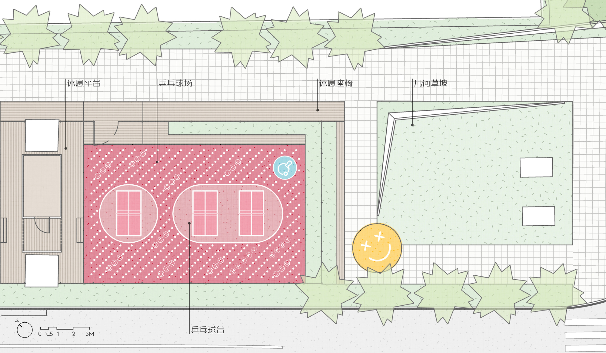 Site plan drawing showing tennis courts adjacent to a green courtyard and tree-lined street edge