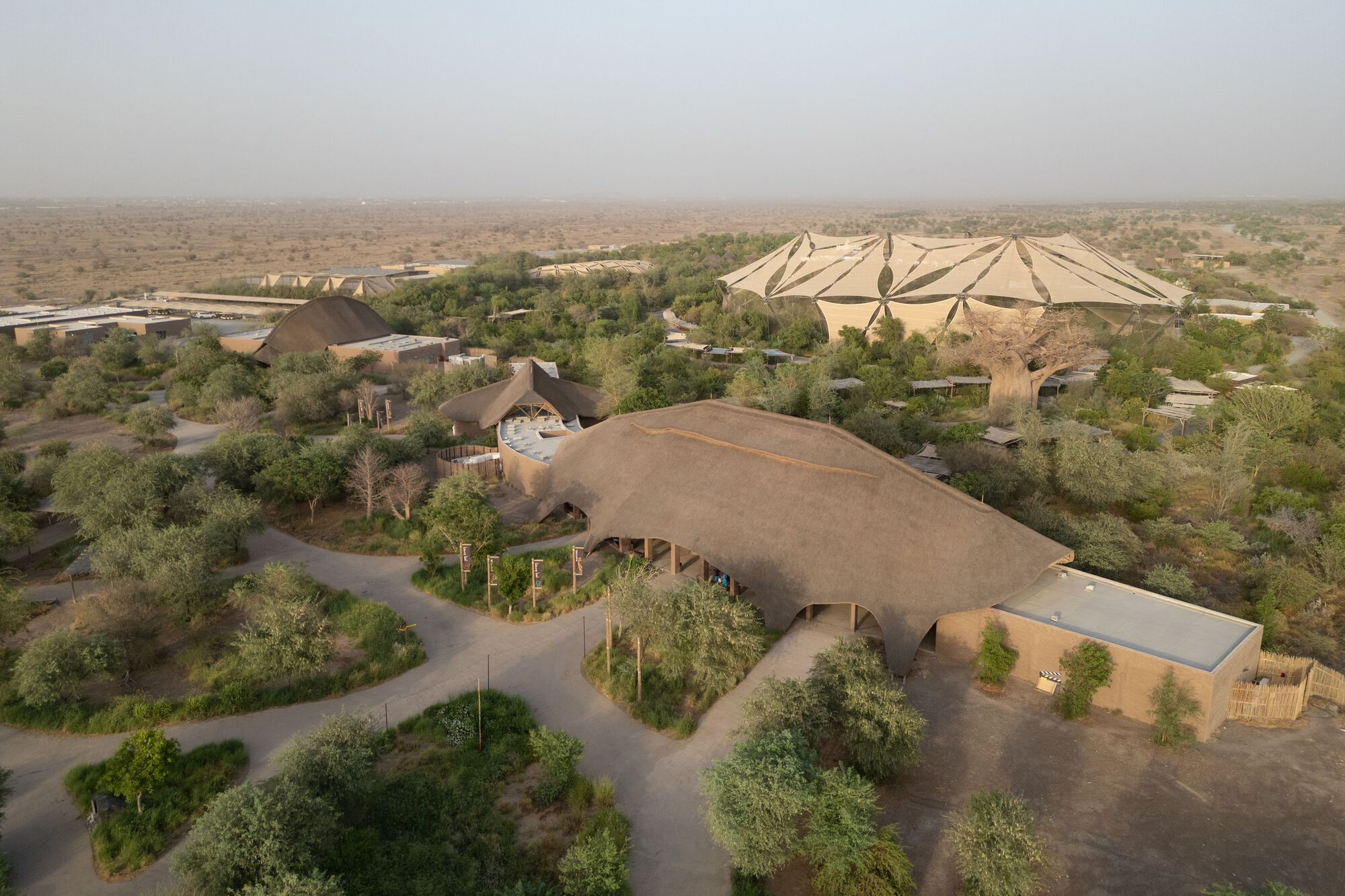 Aerial view of thatched roof structures clustered among trees in a dry landscape with hazy horizon