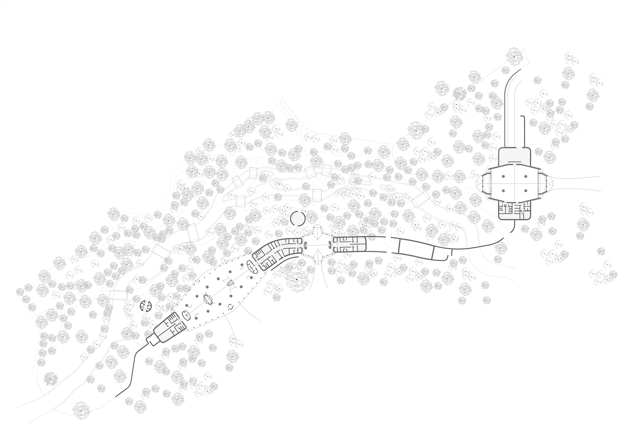 Site plan drawing showing dispersed structures connected by pathways within a field of circular tree symbols