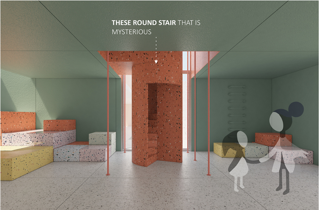 Mysterious circular stair cores encourage curiosity and spatial discovery.