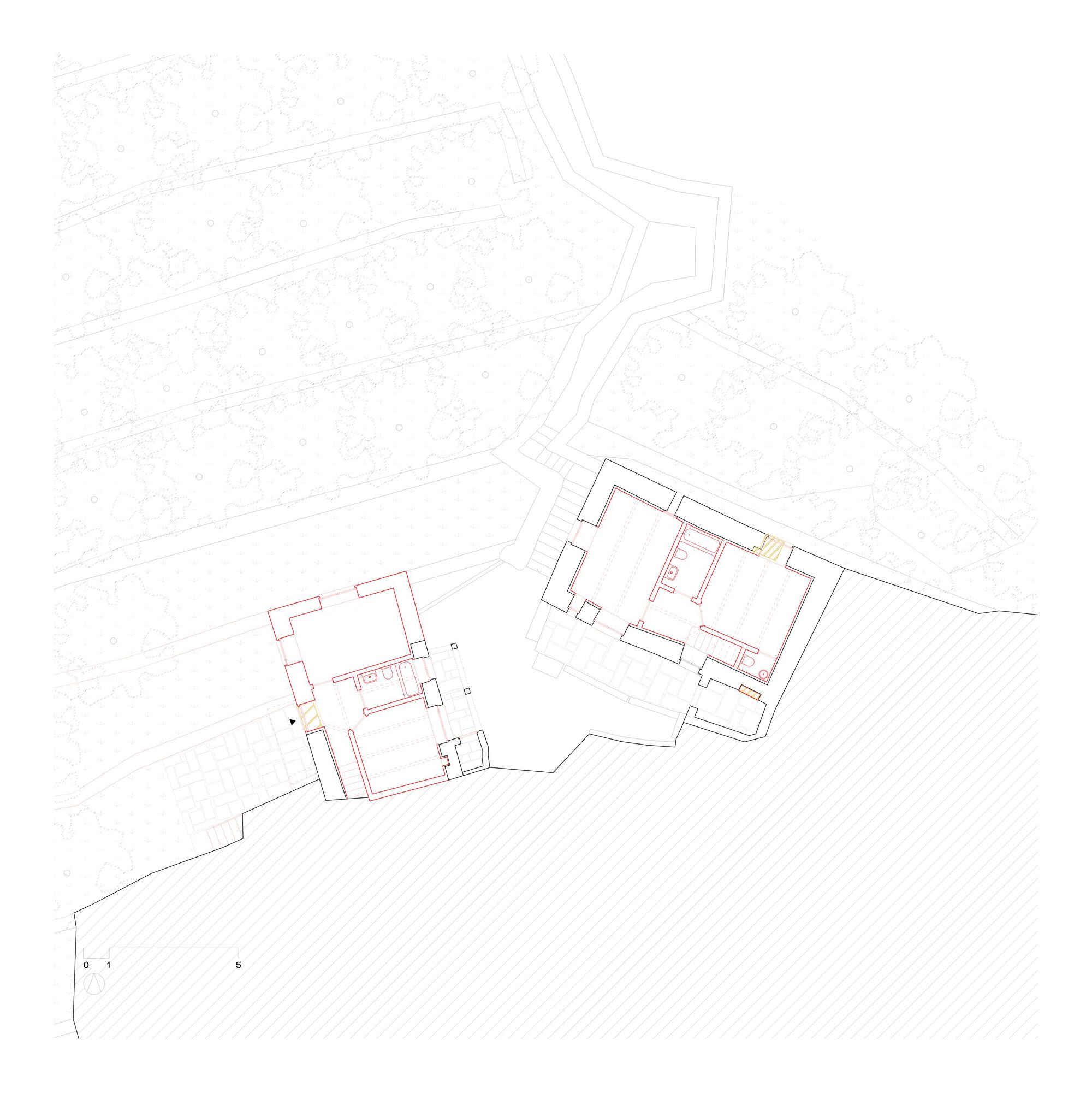 Floor plan drawing showing two adjacent structures with highlighted circulation path on sloped terrain