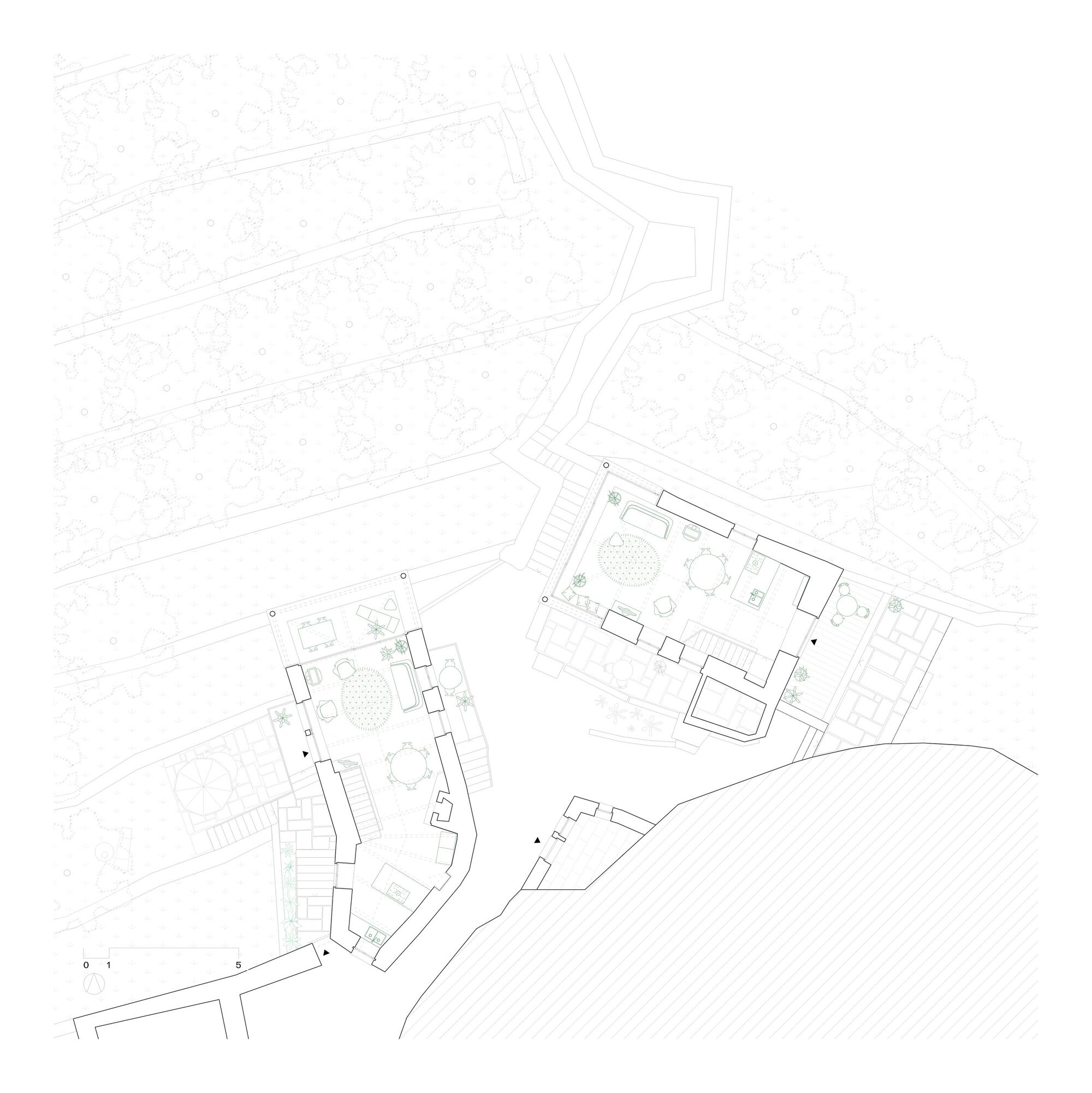 Site plan showing two structures surrounded by topography, pathways, and landscaping elements
