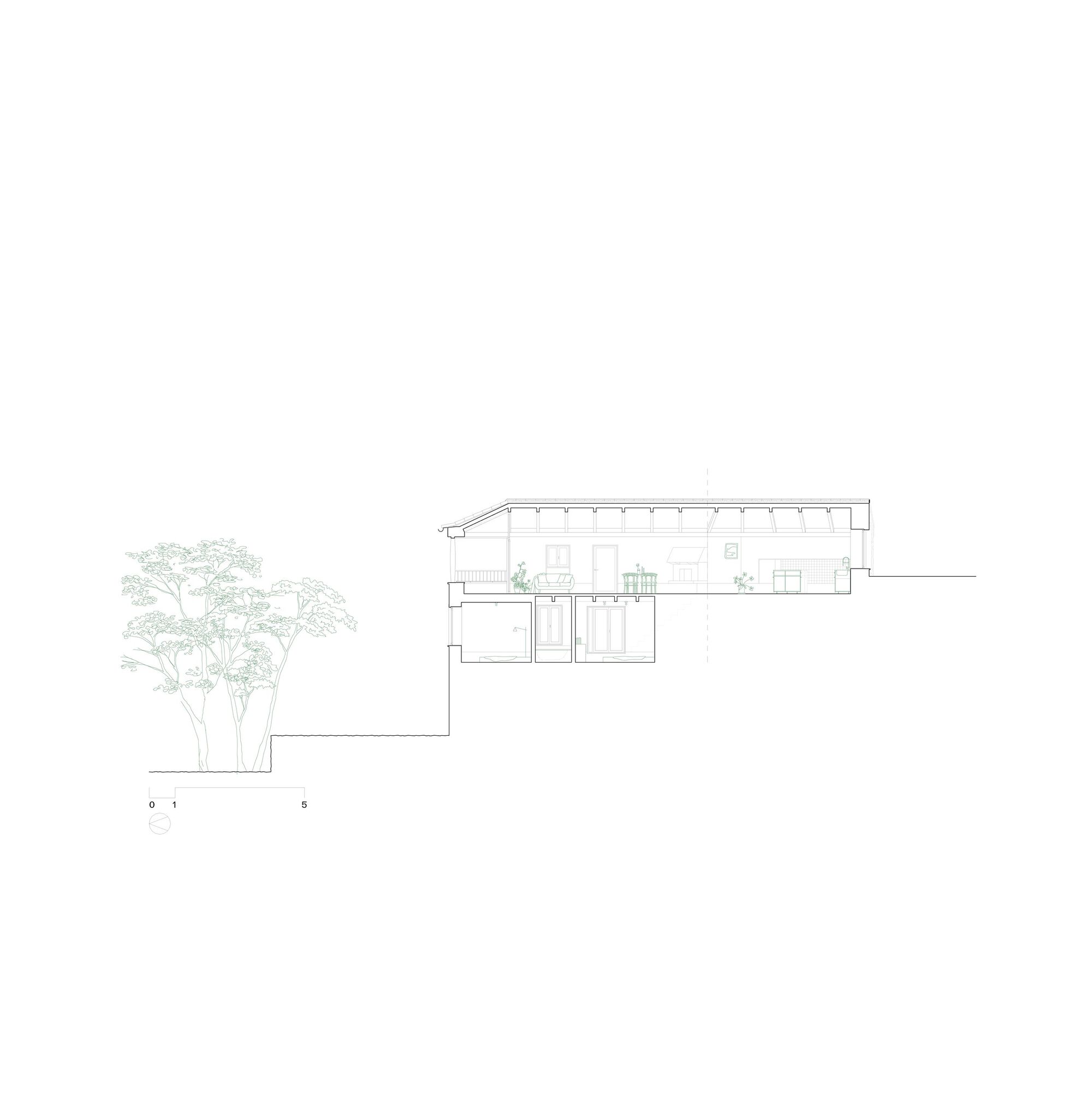 Section drawing showing a two-level structure embedded in sloping terrain with adjacent trees