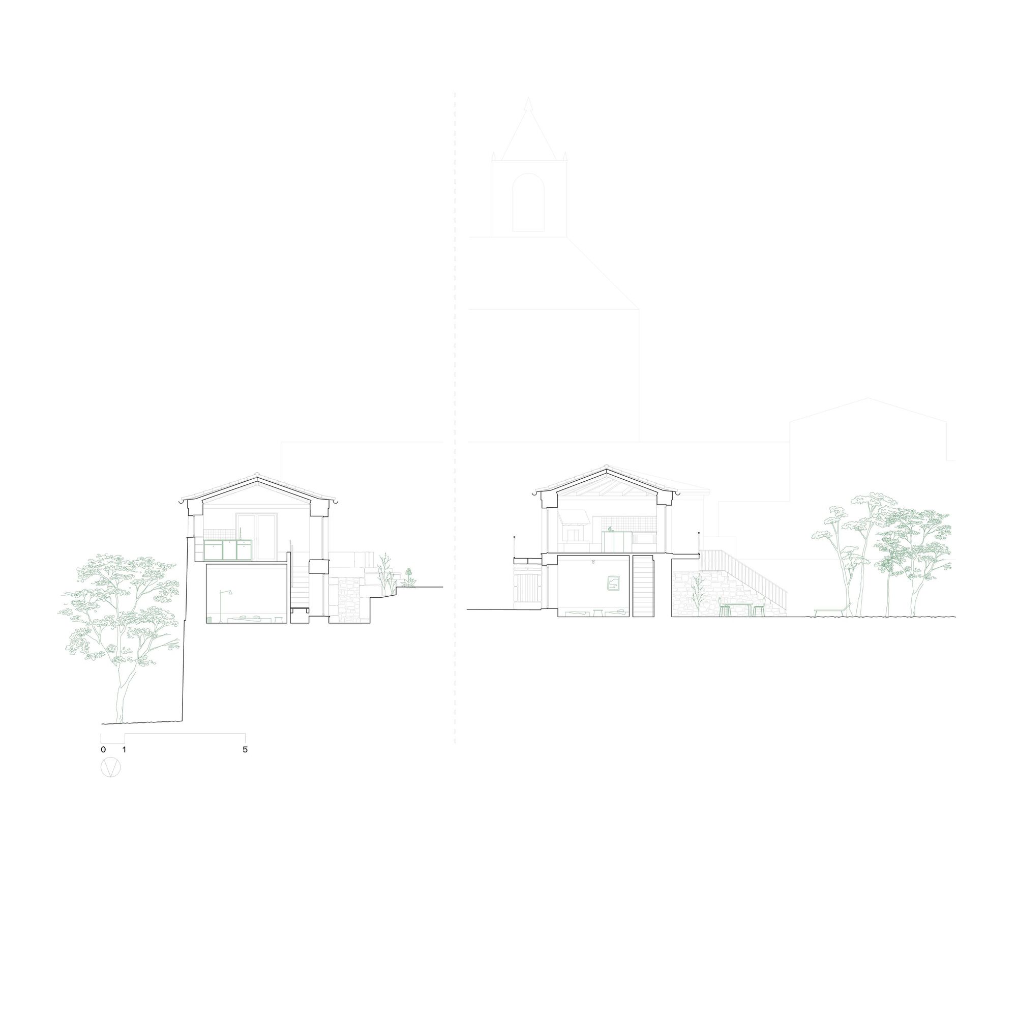 Section drawing showing two gabled volumes at different elevations connected by terraced landscape