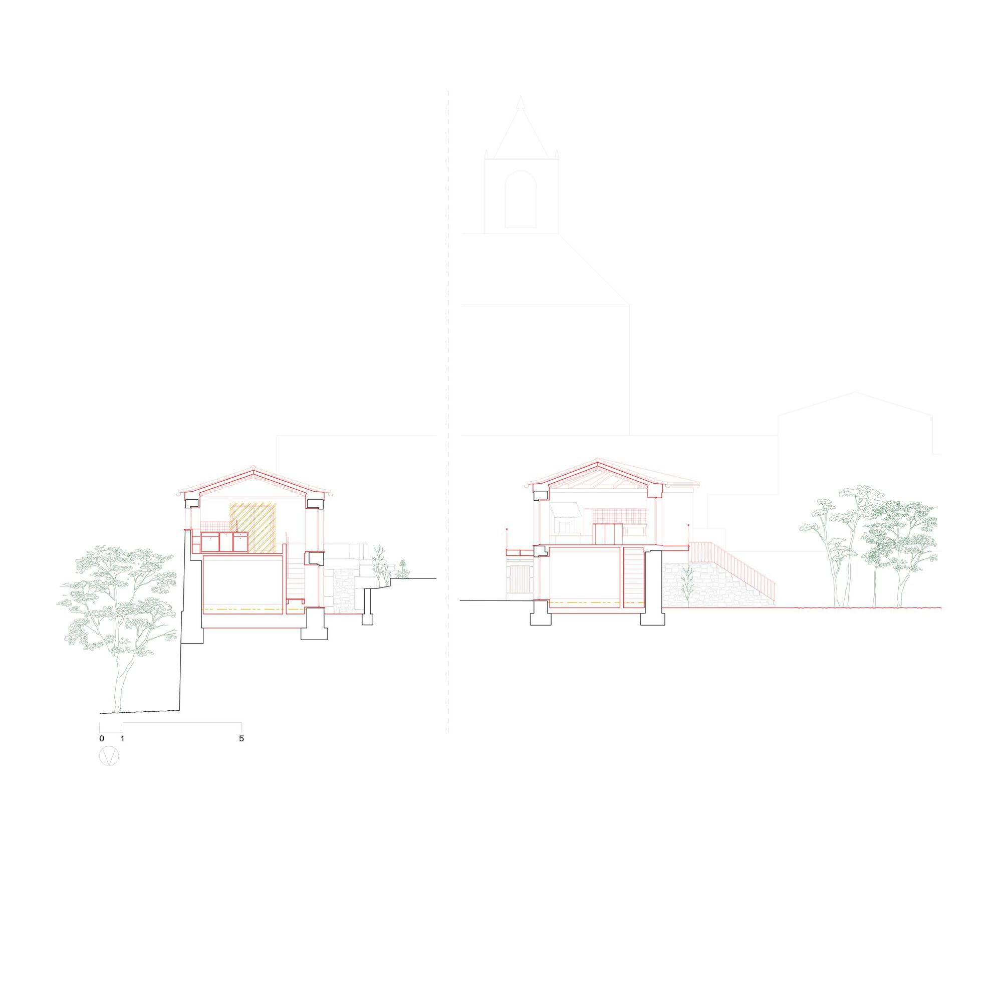 Two section drawings revealing the internal spatial organization of gabled volumes on stepped terrain with adjacent vegetation