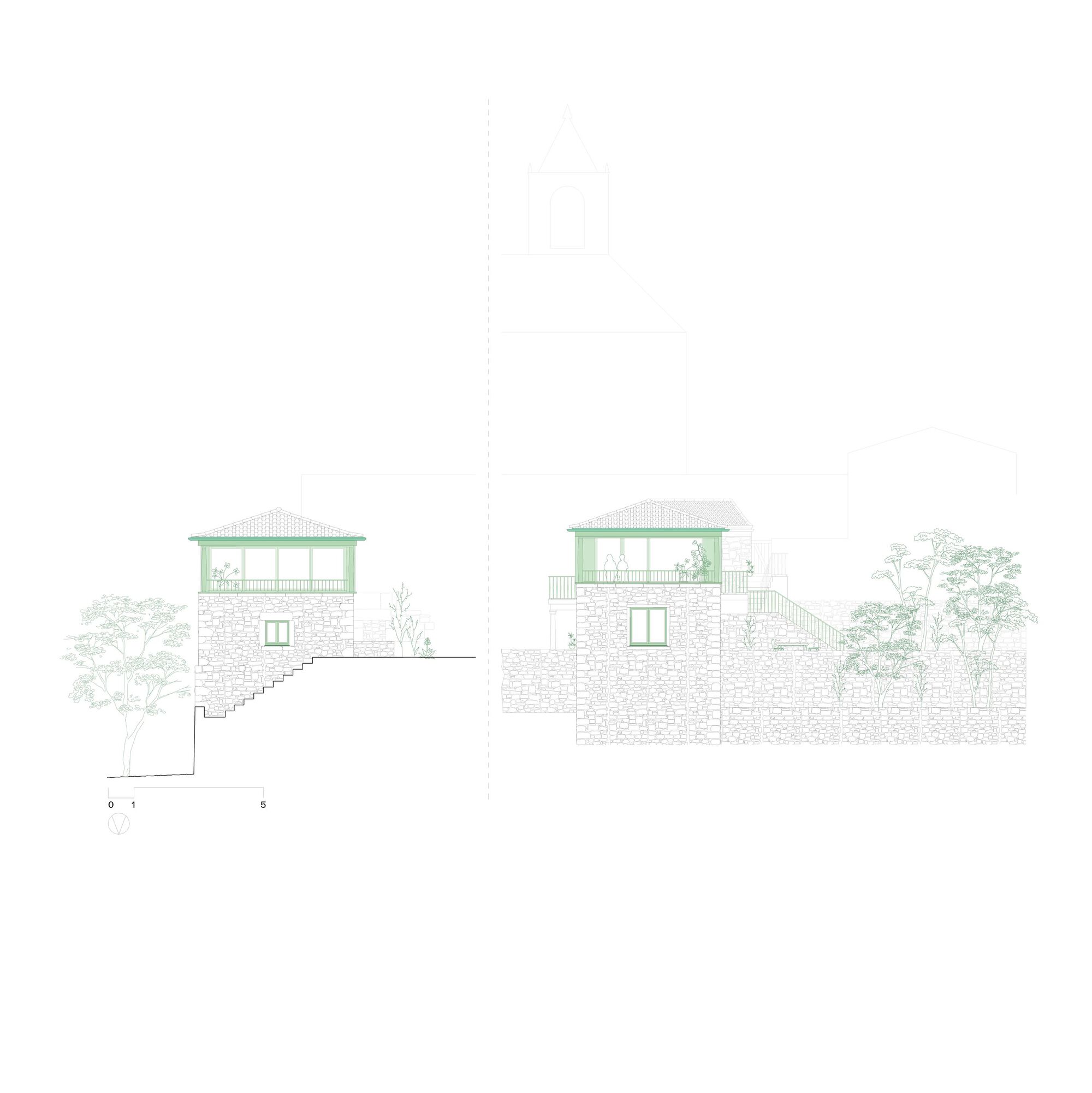 Elevation drawings depicting stone-clad volumes with external stairs ascending the topography alongside mature trees
