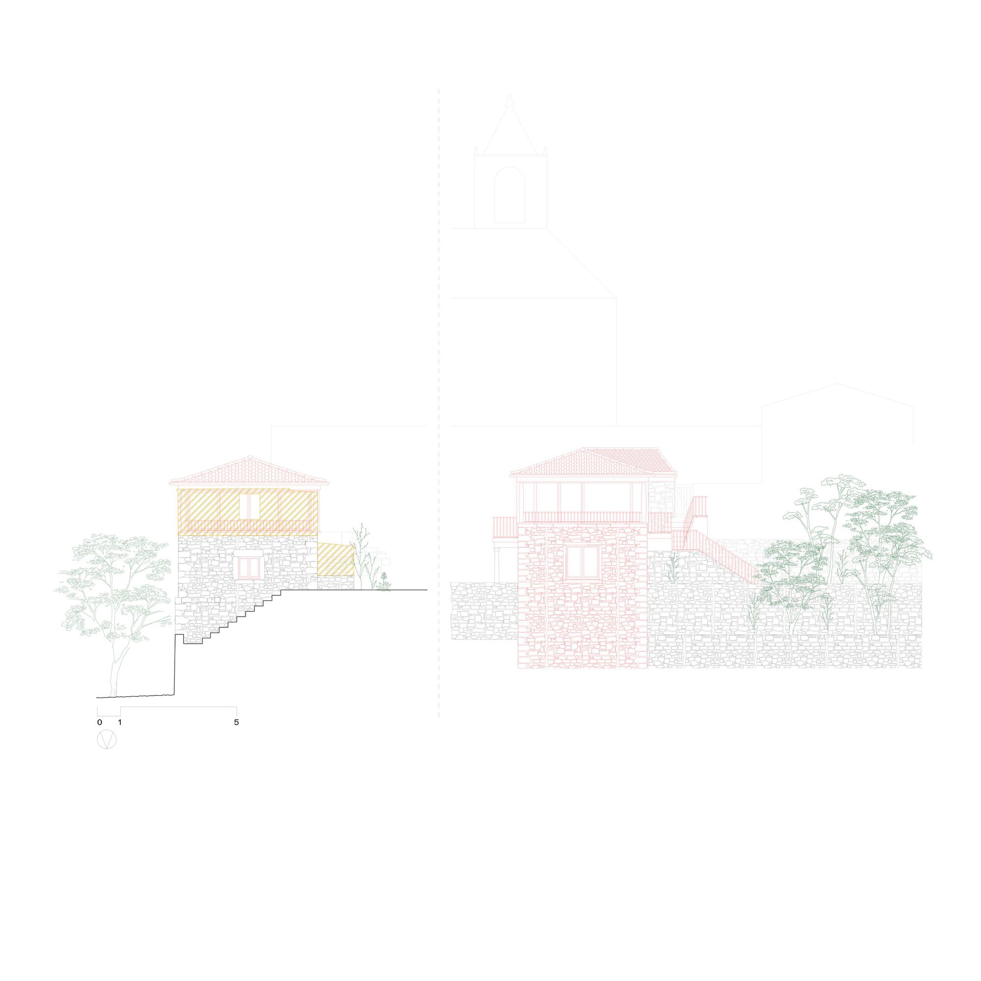 Elevation drawings showing two-story masonry structures with pitched roofs set into a landscaped hillside