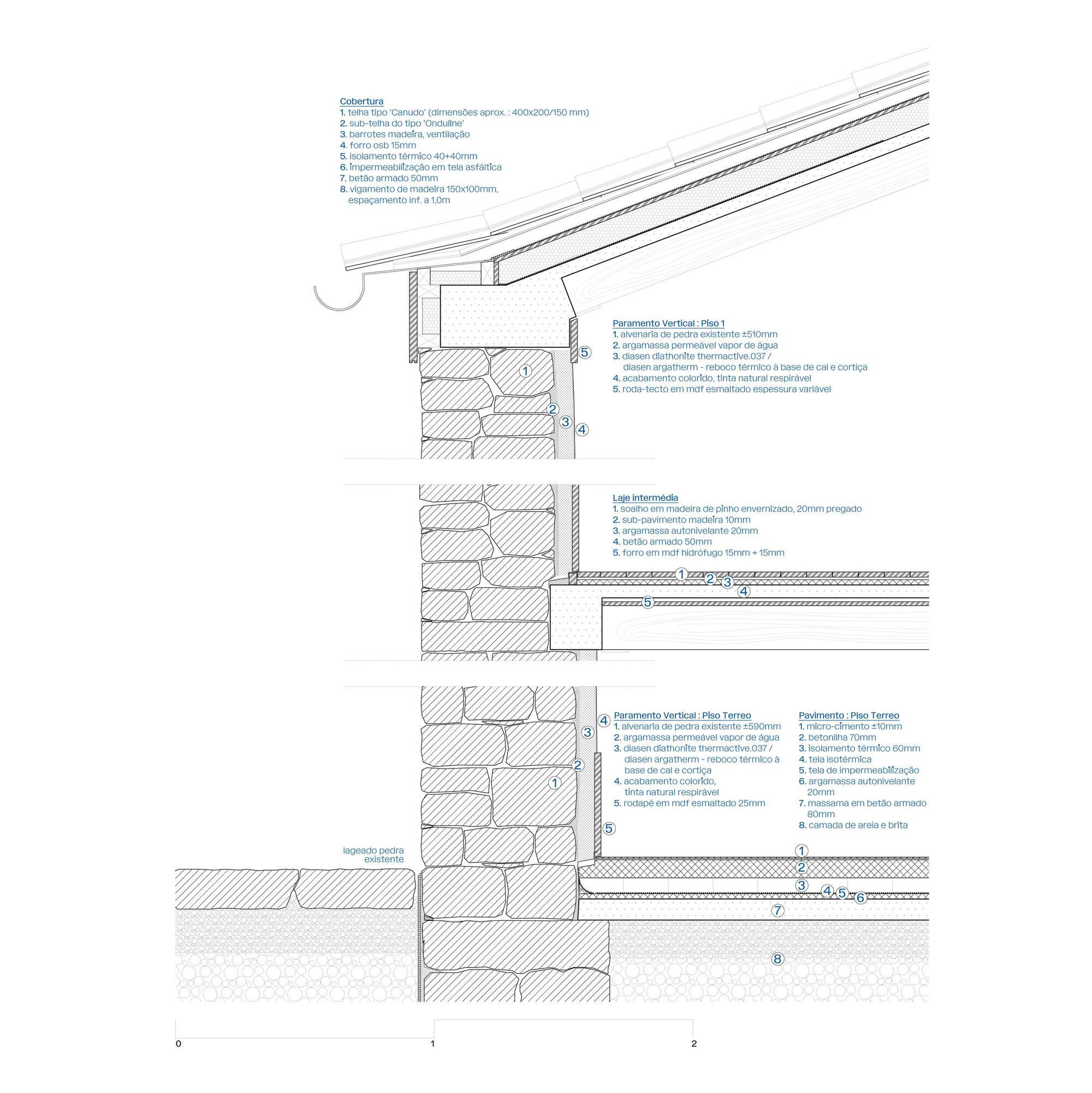 Construction detail drawings showing roof, wall, and floor junctions with masonry and thermal insulation layer specifications