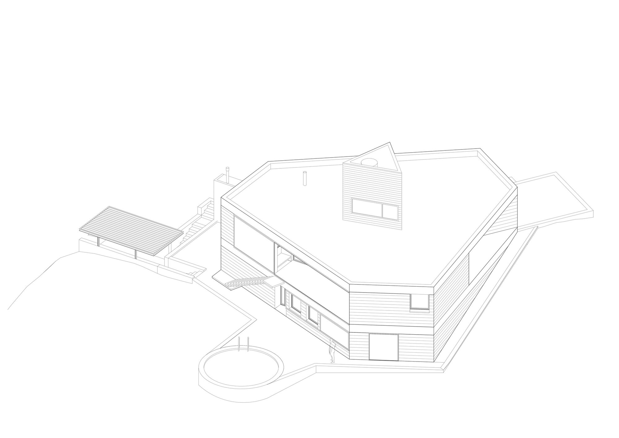 Axonometric drawing showing pentagonal building with central courtyard, circular pool, and auxiliary covered structure