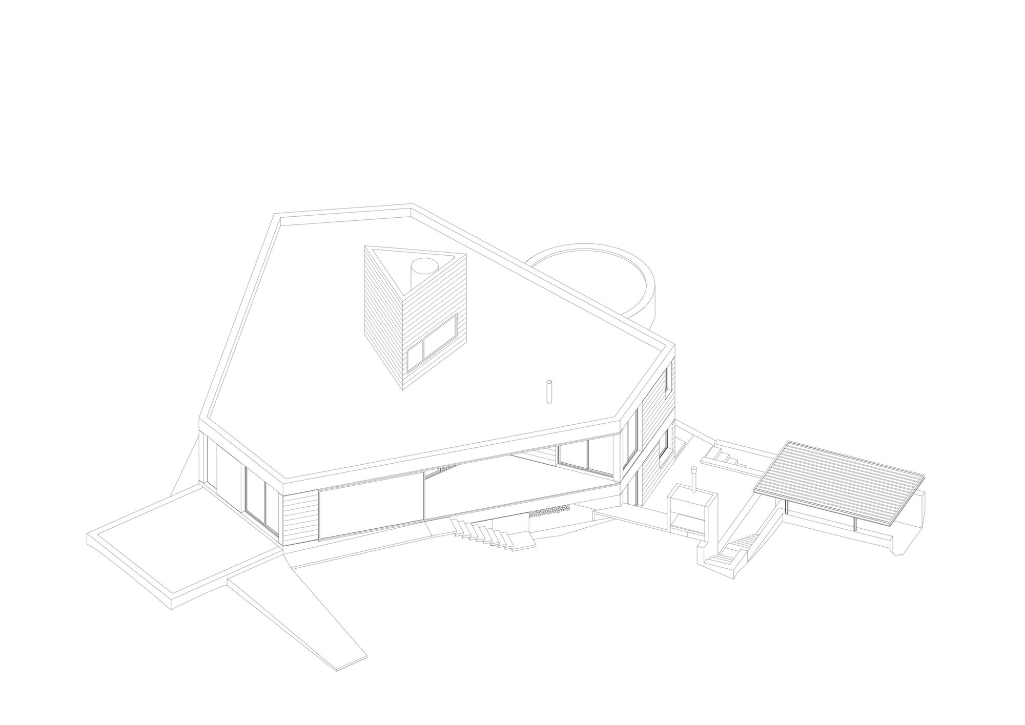 Axonometric drawing from opposite angle revealing interior staircase, glazed walls, and separate covered pavilion structure