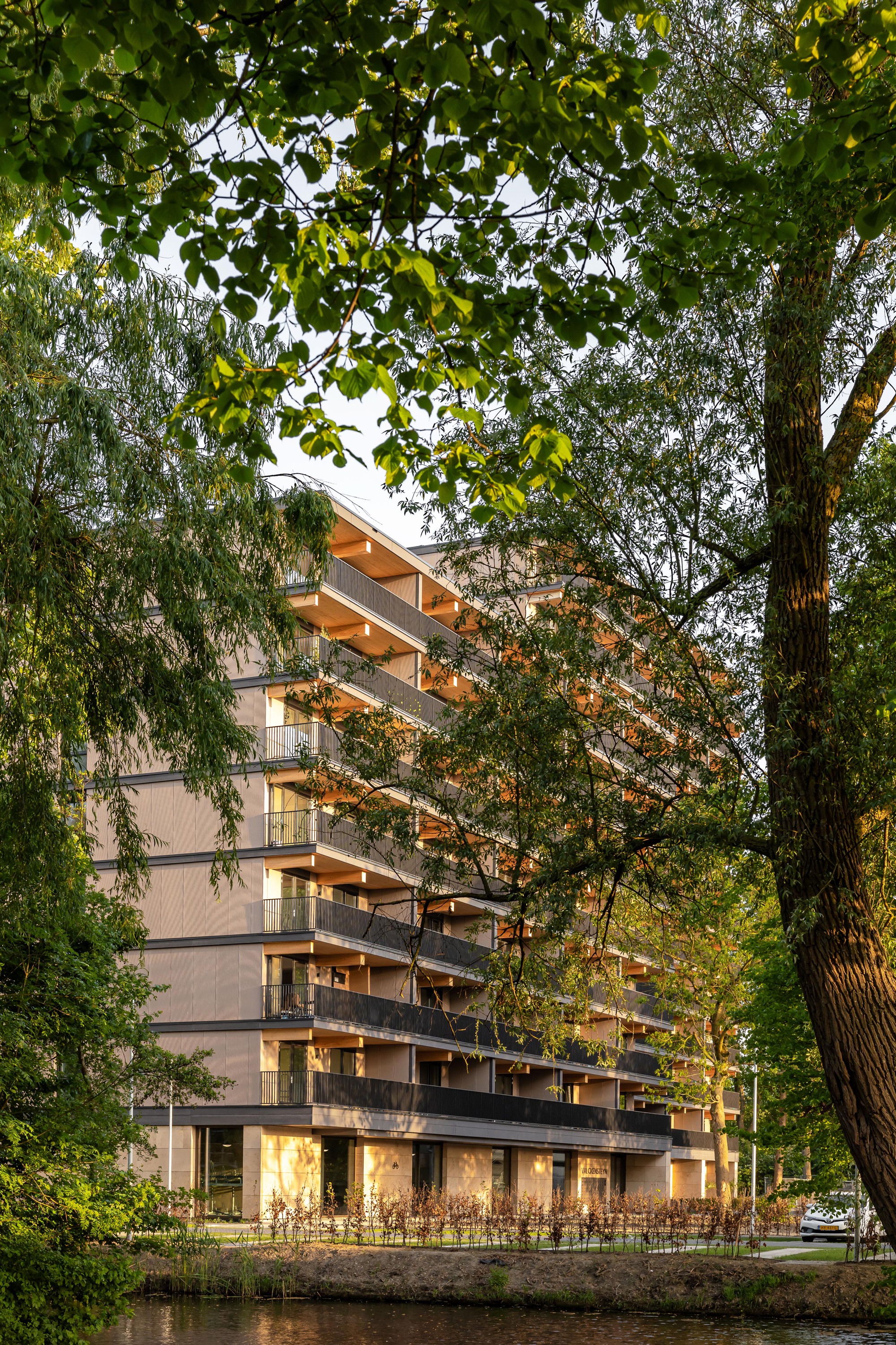 Facade with cantilevered timber beams viewed through willow and deciduous tree branches at twilight