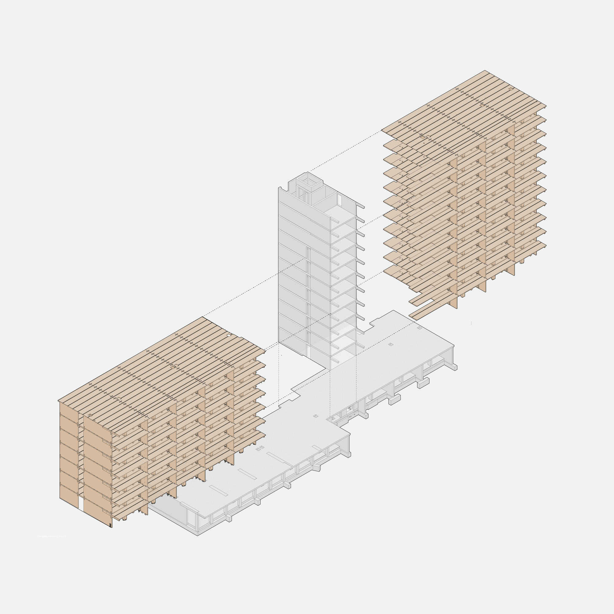 Exploded axonometric drawing showing timber floor slabs and central concrete circulation core
