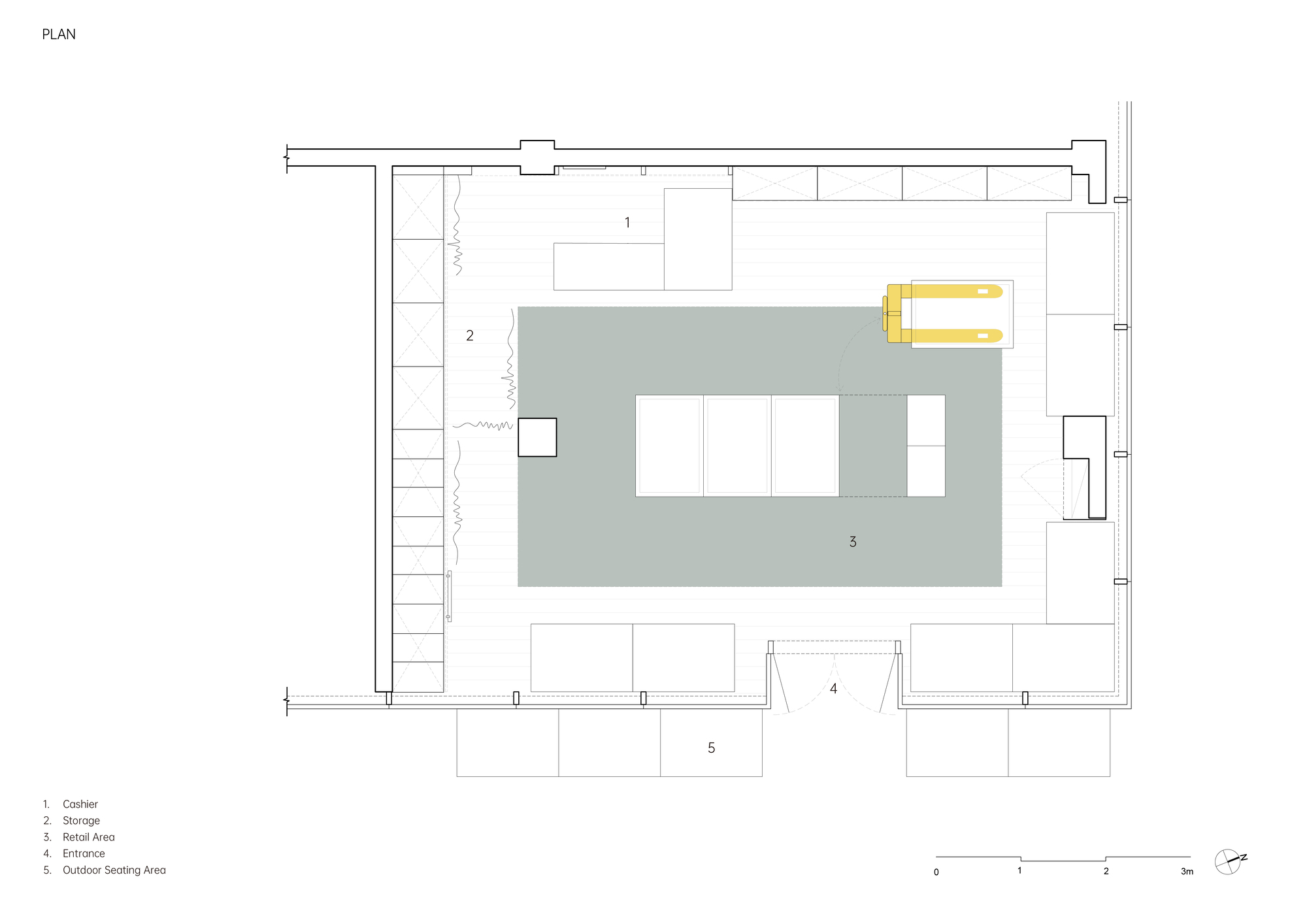 Floor plan drawing showing central retail area surrounded by storage and seating zones