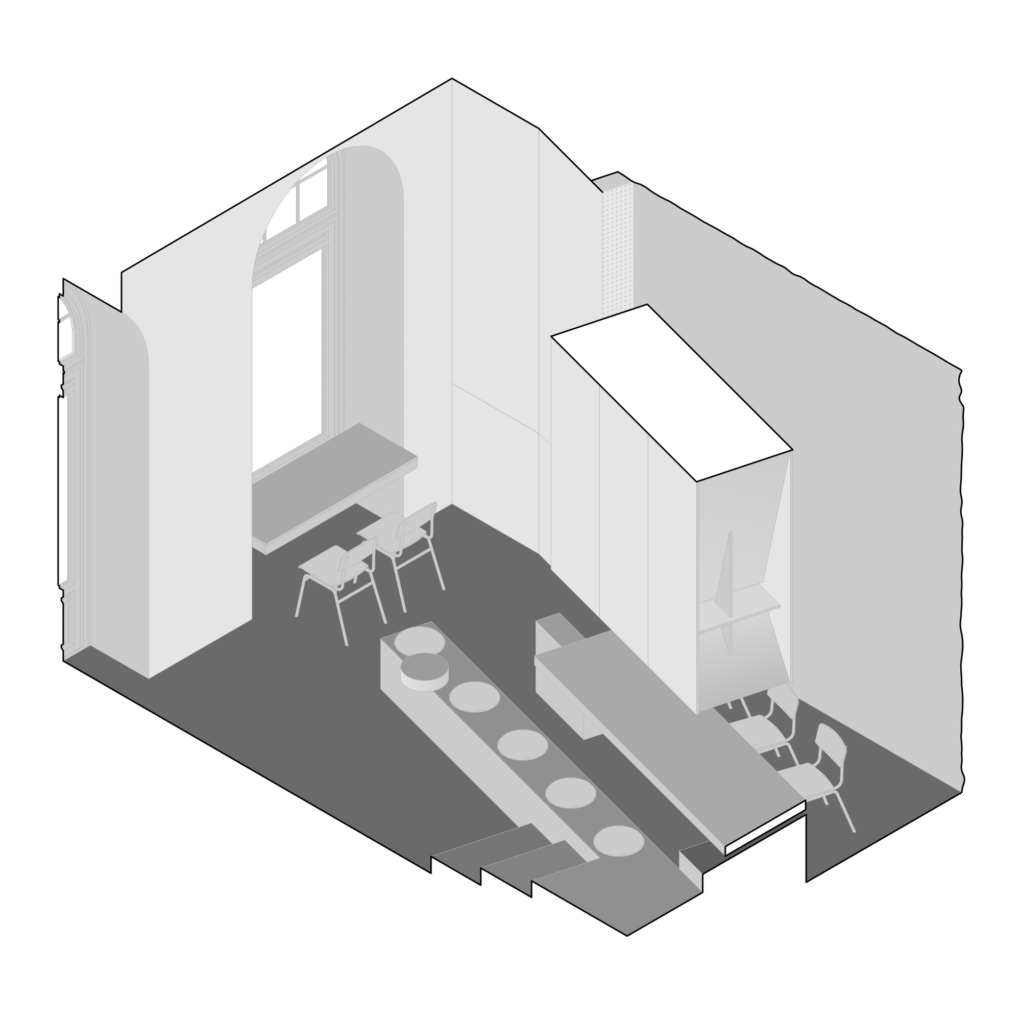 Axonometric drawing showing seating area with skylight and stepped floor levels