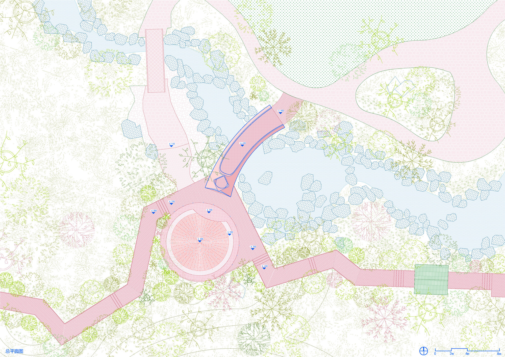 Site plan drawing showing a circular pavilion with radiating paths, water body, and surrounding tree planting