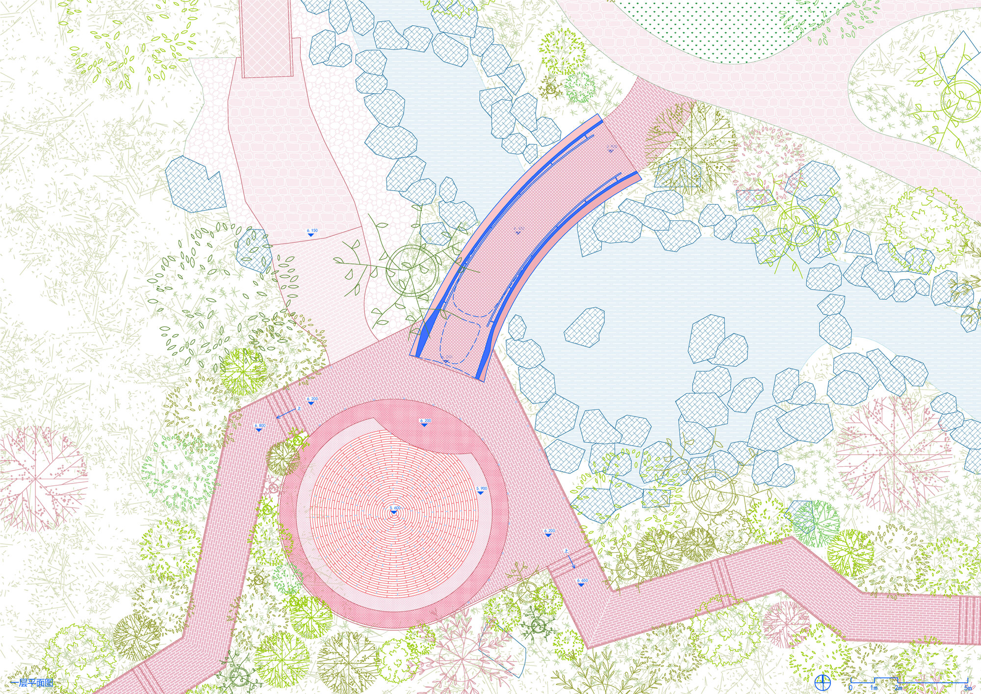 Site plan drawing depicting a round structure with curved access routes and adjacent pond with vegetation