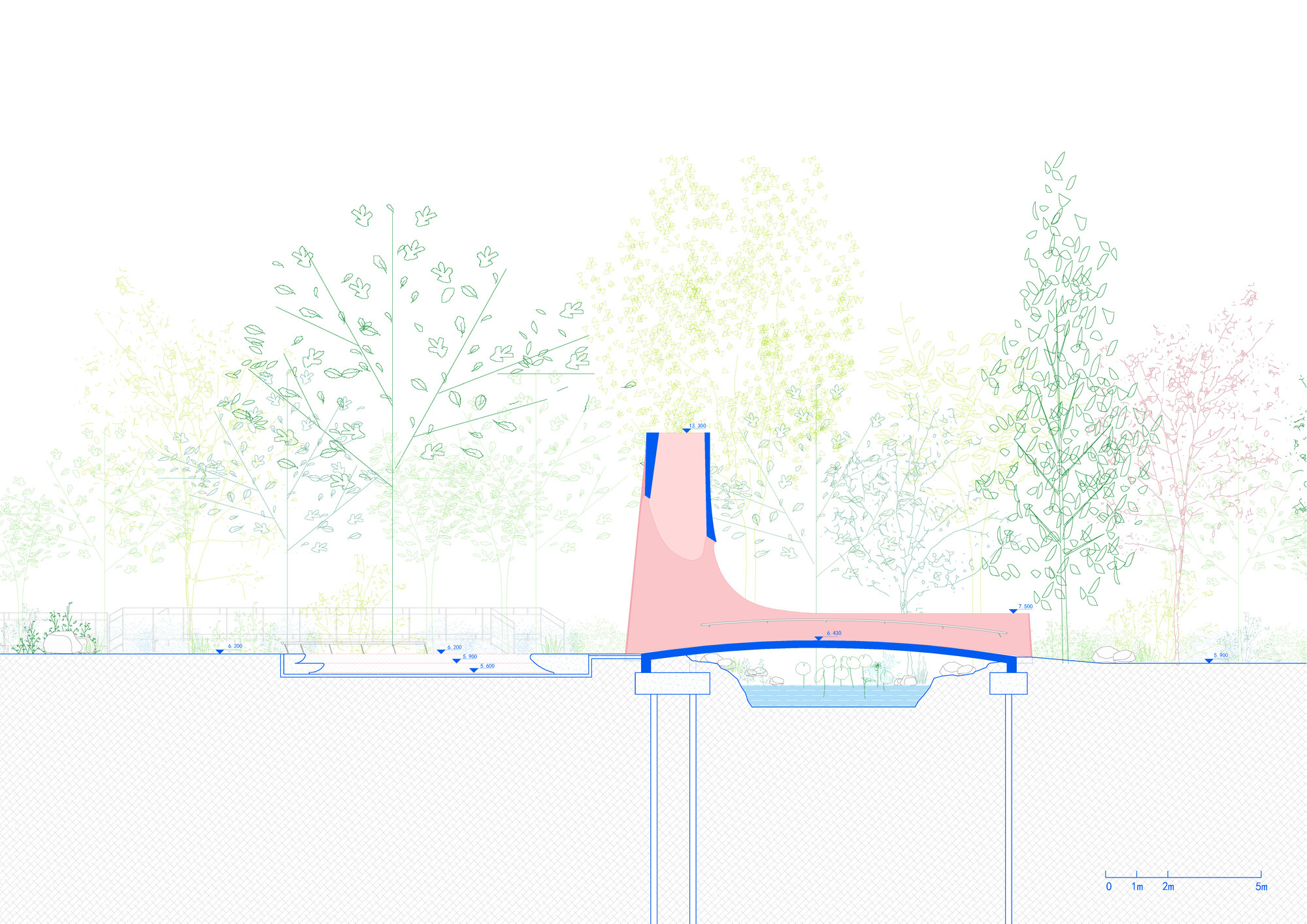 Section drawing revealing subterranean chamber beneath a sloped pink form with twin blue towers above grade