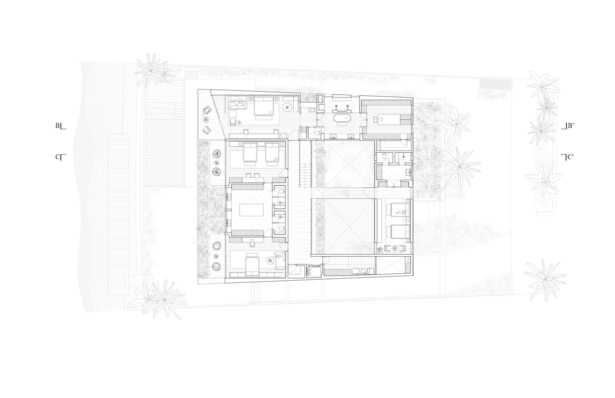 Upper floor plan drawing showing bedroom suites arranged around central void with surrounding planting