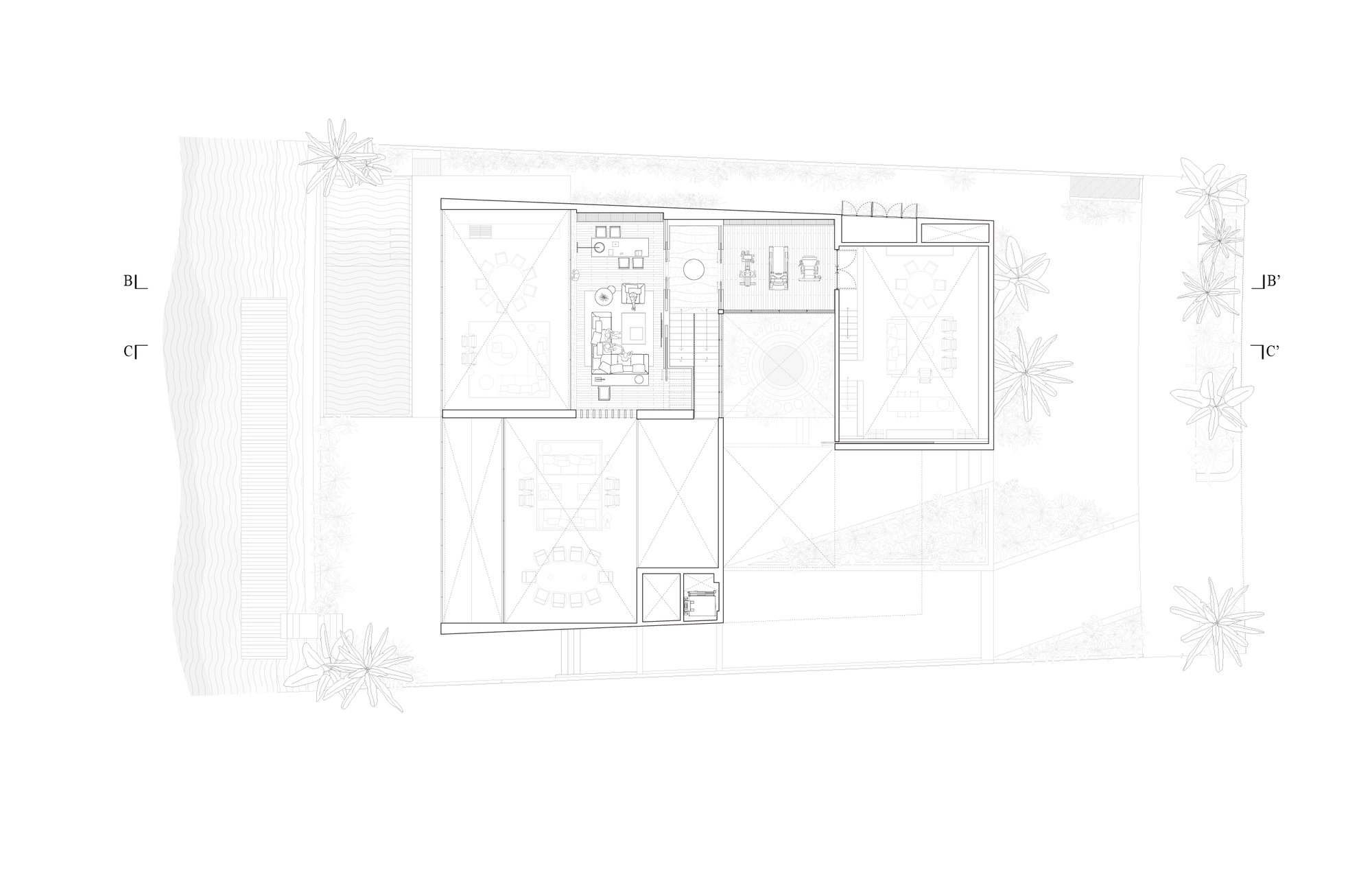 Roof floor plan drawing showing terrace spaces and open voids with scattered tree symbols