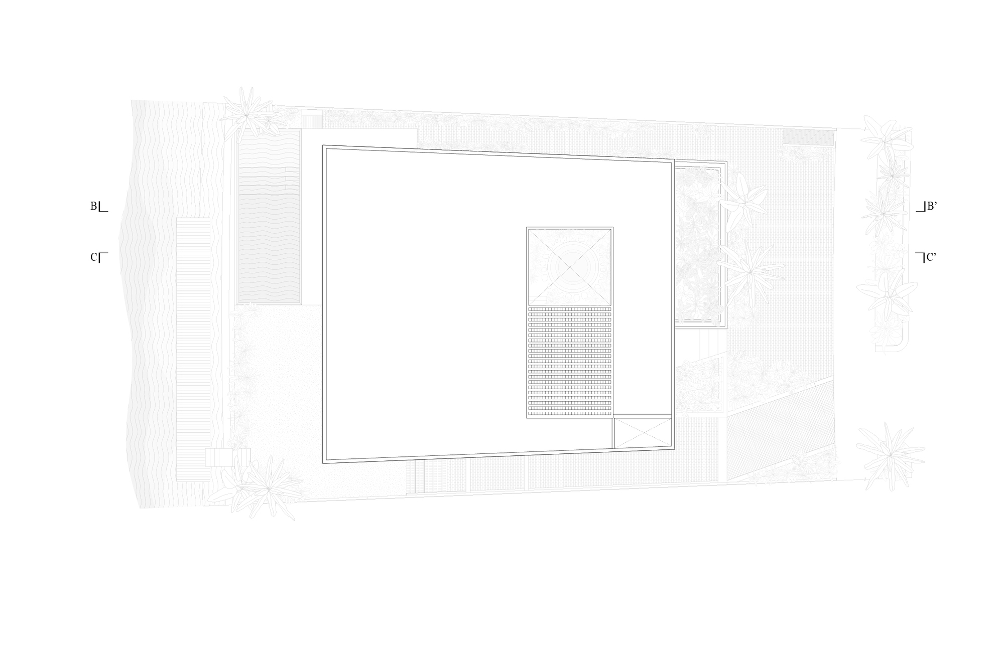 Site plan showing a rectangular volume with central courtyard and textured paving surrounded by trees