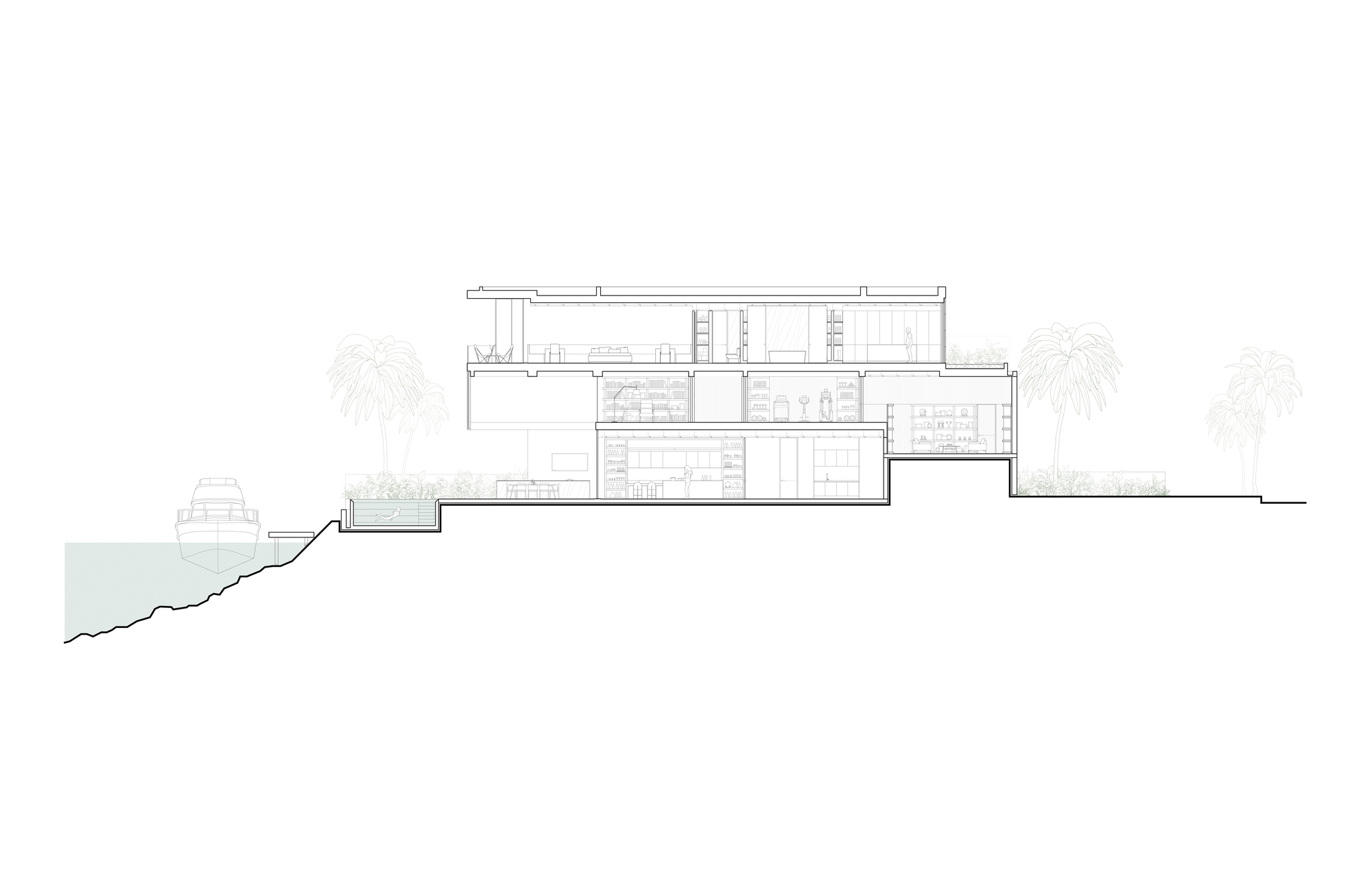 Section drawing showing a terraced structure stepping down a sloped site with palm trees