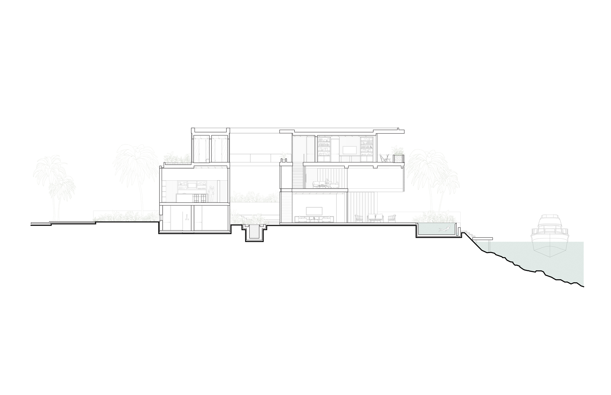 Section drawing showing interior levels and room configurations stepping up a hillside