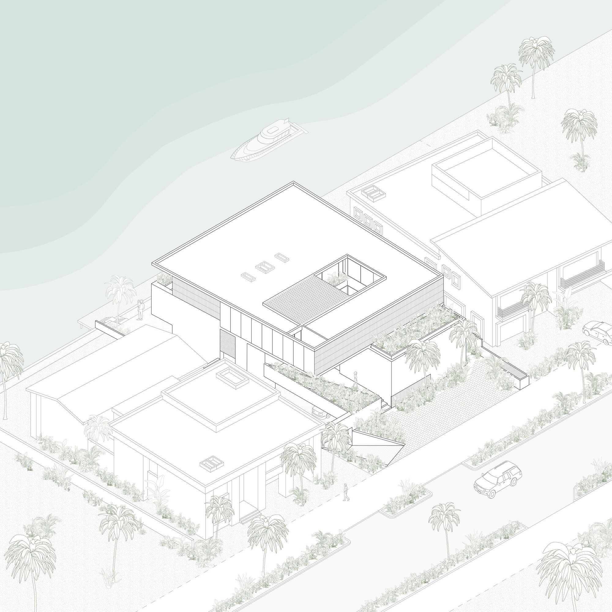 Axonometric drawing showing flat-roofed volumes with a courtyard, boat dock, and palm trees
