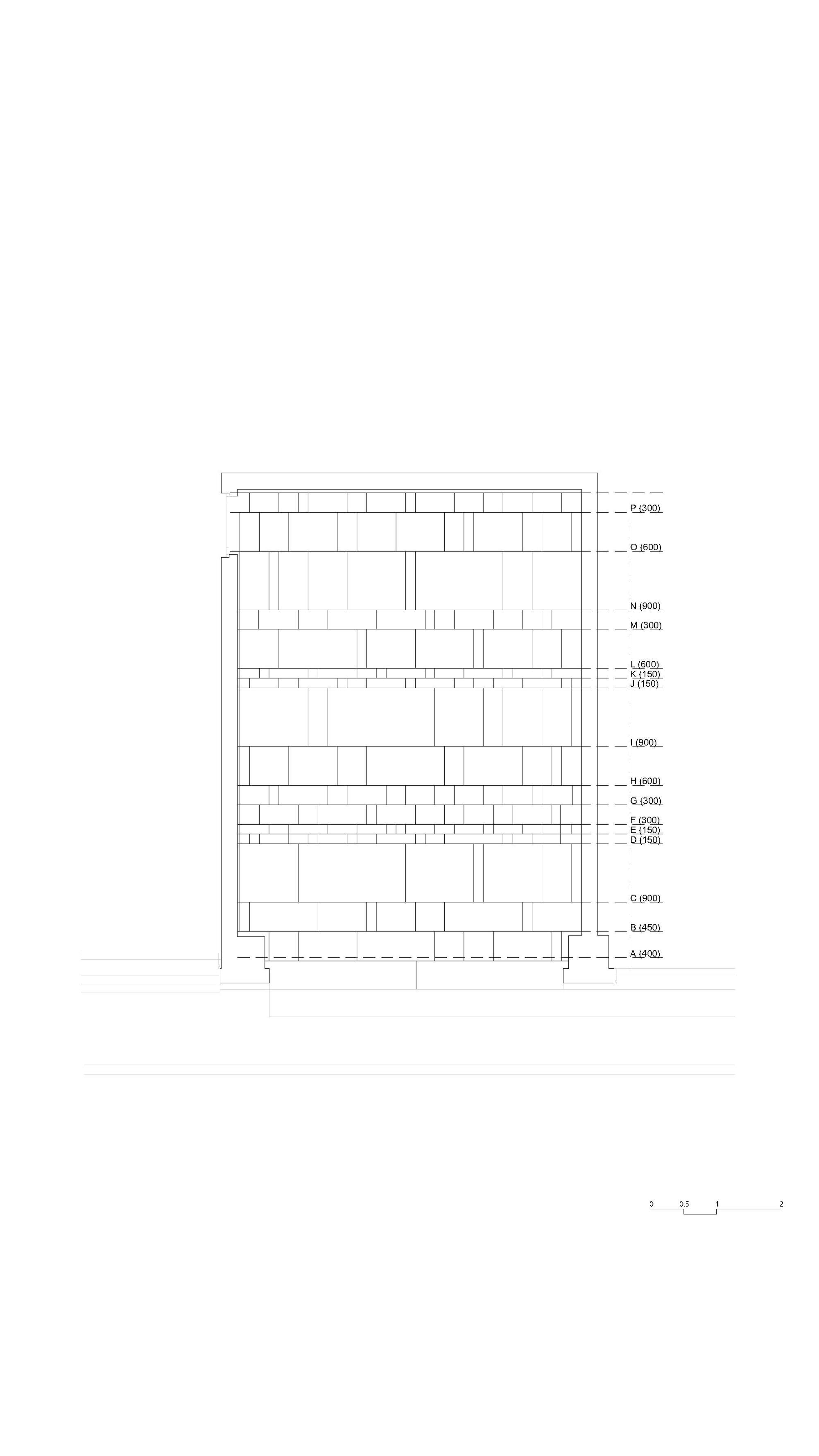 Elevation drawing displaying a masonry wall pattern with varied block sizes and annotated floor levels