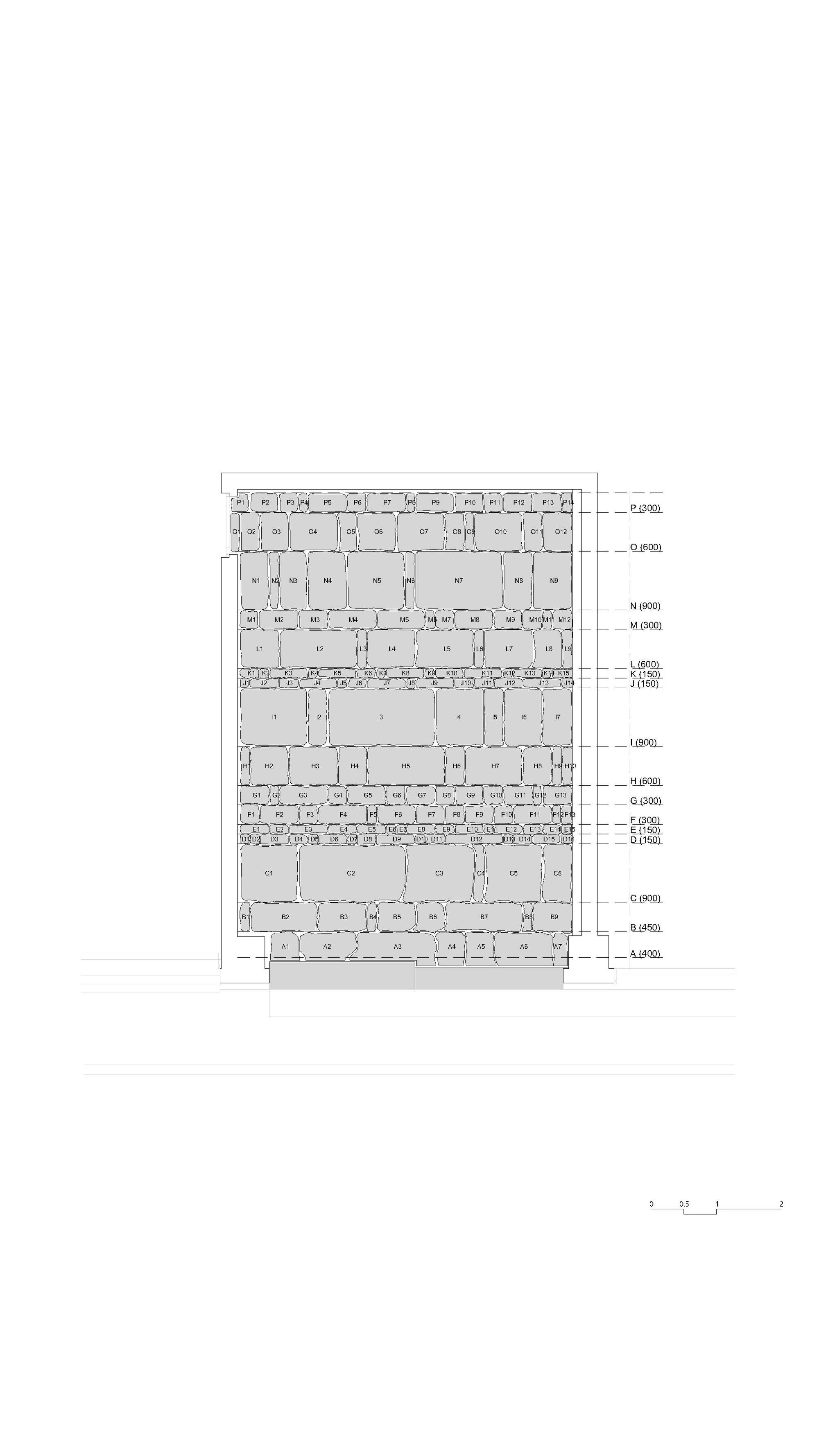 Elevation drawing showing a multi-story facade with rectangular window openings and labeled floor heights