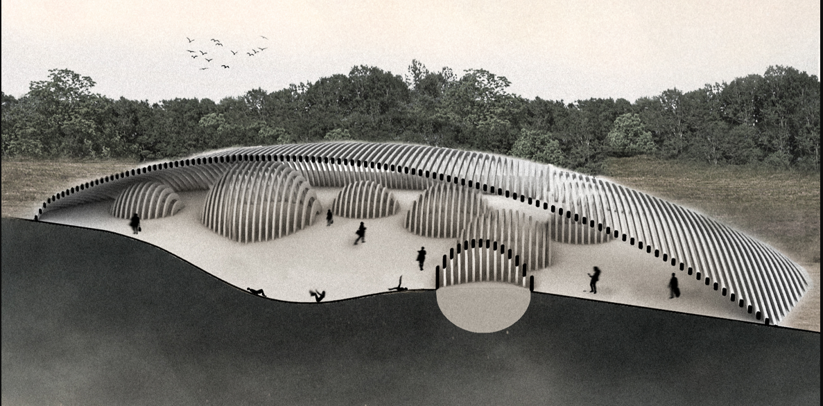 Ribbed wooden framework creating intimate seating and social pockets