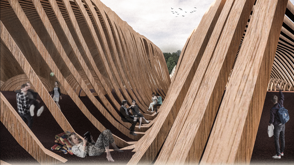 Exterior massing expressing continuous form and integration with landscape