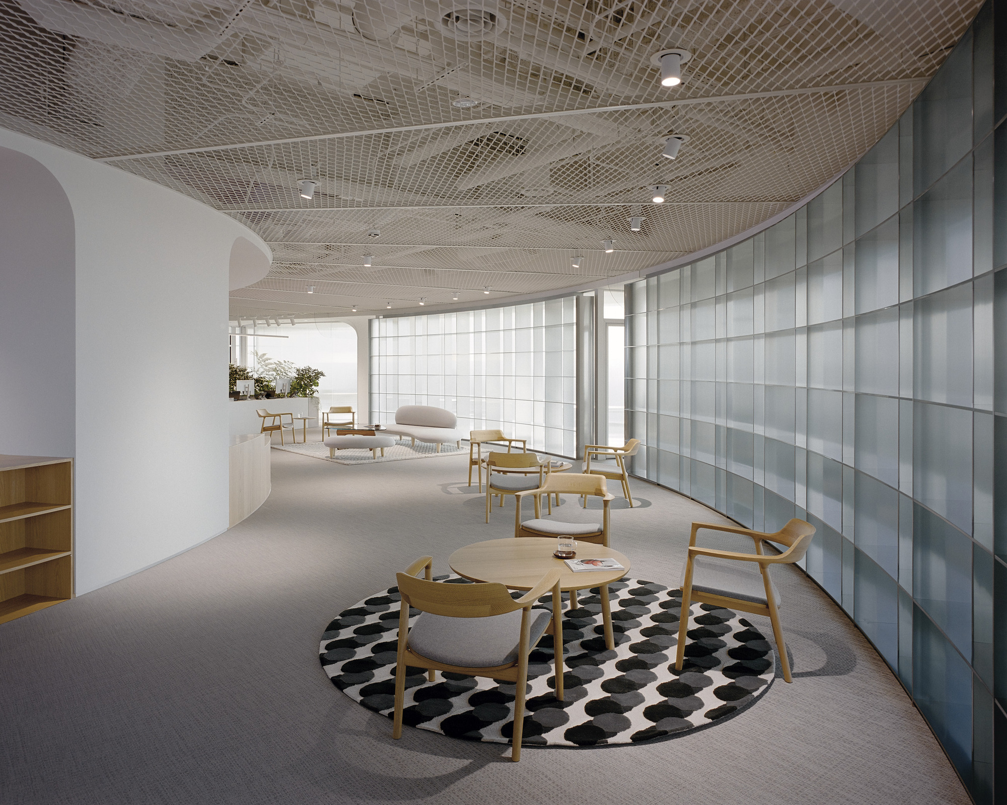 Curved lounge area with patterned rug and translucent glass wall under undulating mesh ceiling