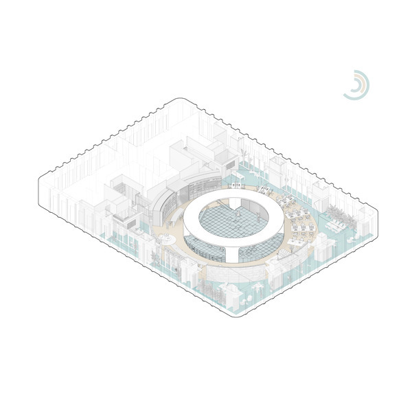 Isometric drawing of a circular atrium surrounded by perimeter zones with landscaping and a gridded roof