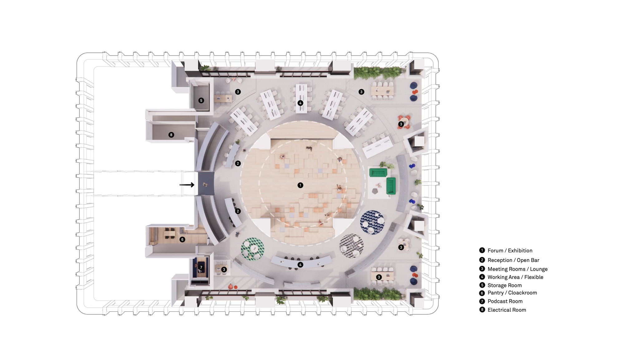 Floor plan showing a circular central space ringed by workstations, meeting rooms, and planted zones